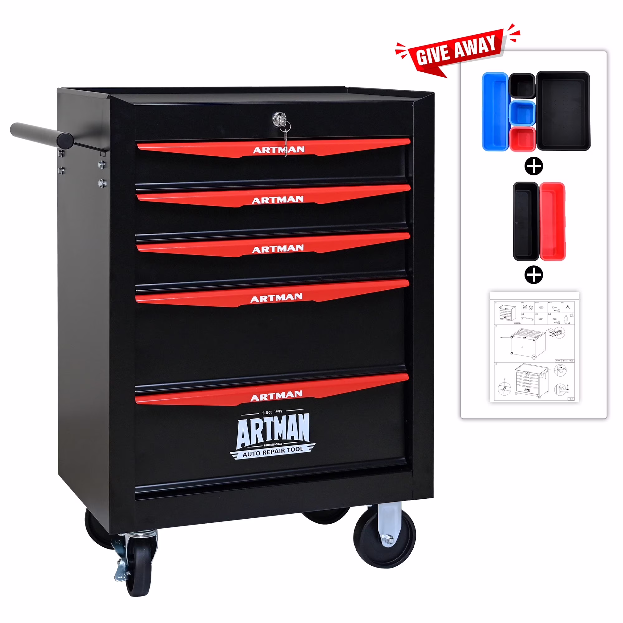 ARTMAN 20" 5-Drawer Rolling Metal Tool Chest Cabinet,Steel Tool Storage Box Organizer for Garage Workshop Warehouse