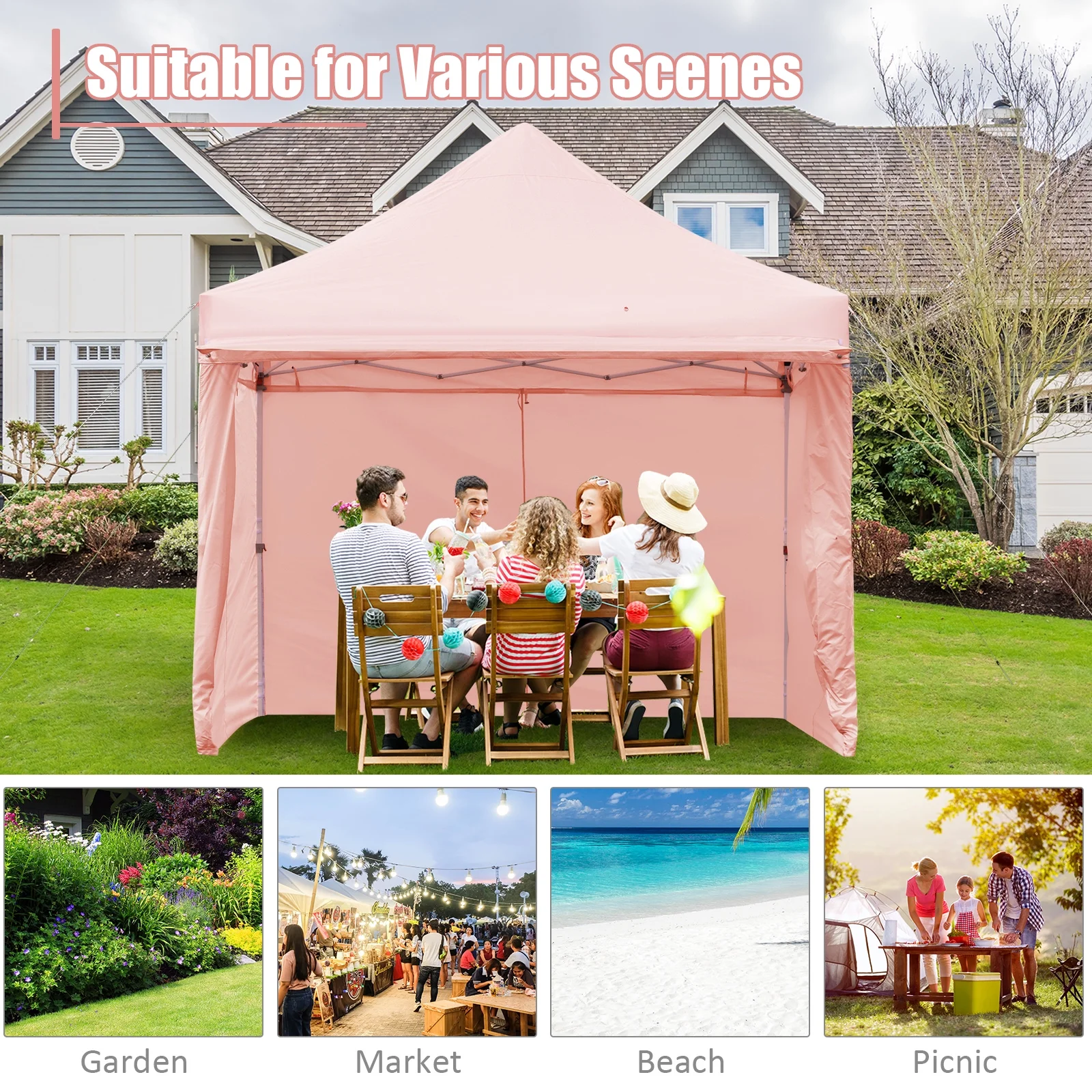 Patiojoy 10x10ft Pop up Tent, 4 Height Adjustment Folding Camping Tent with Awning Blue - Image 19
