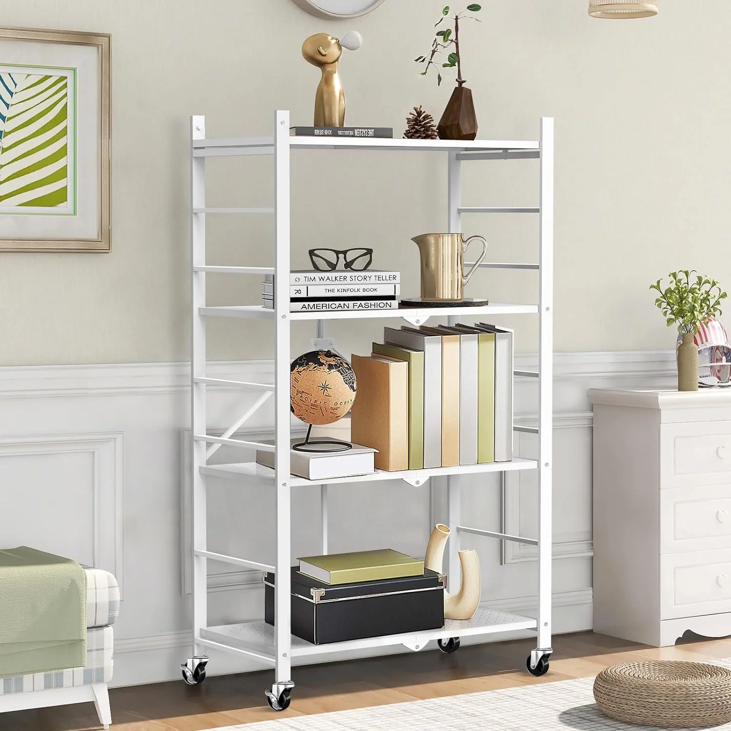 Storage Shelves with 20 Hooks, 4-Tier Foldable Shelves for Storage, Folding Shelf Unit Pantry Shelves with Wheels, Metal Shelving Storage Rack Shelf for Kitchen Garage Home, Black - No Assembly - Image 27