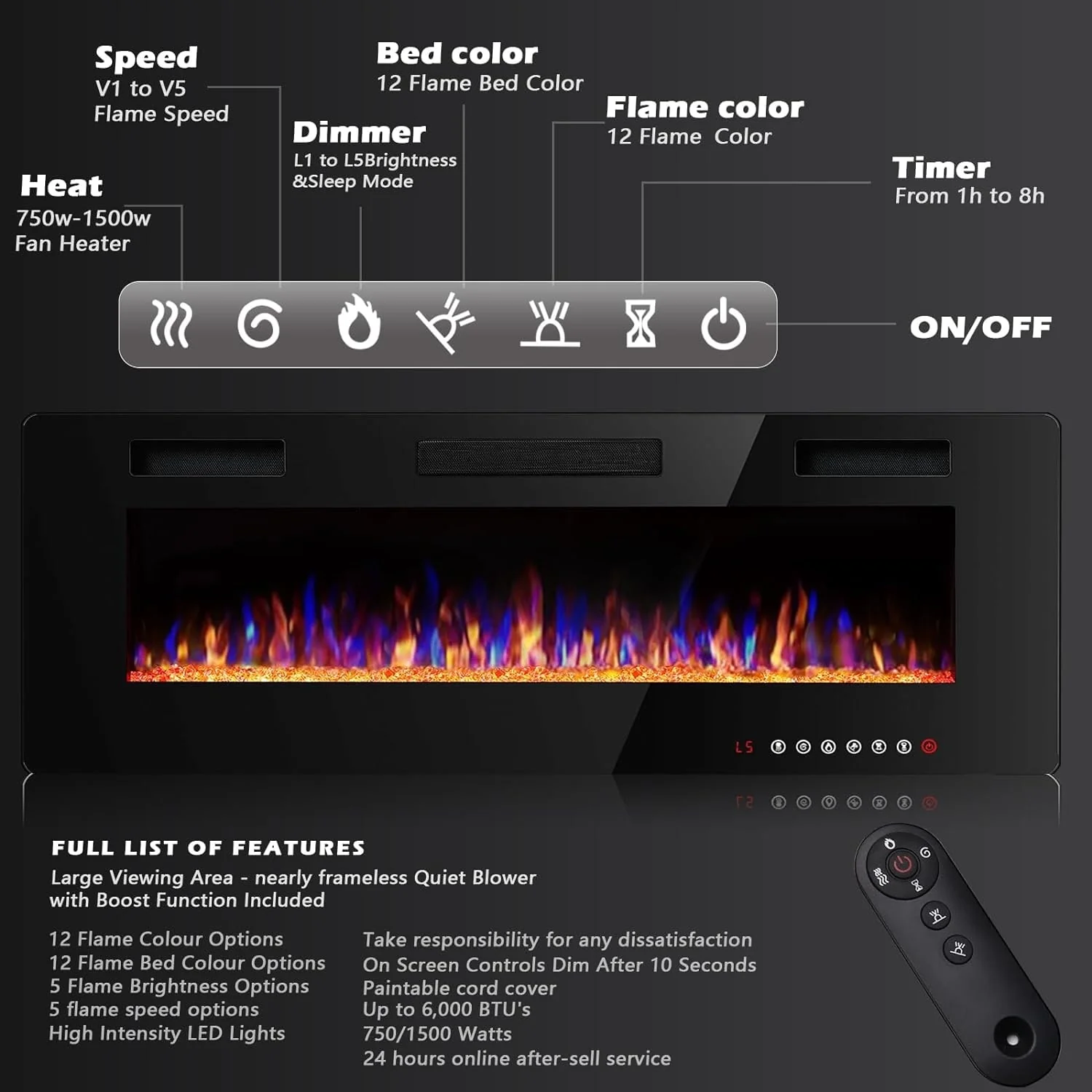 30-72 Inch Ultra-Thin Electric Fireplace, Linear Recessed Wall Mounted Fireplace with Remote Control - Image 10