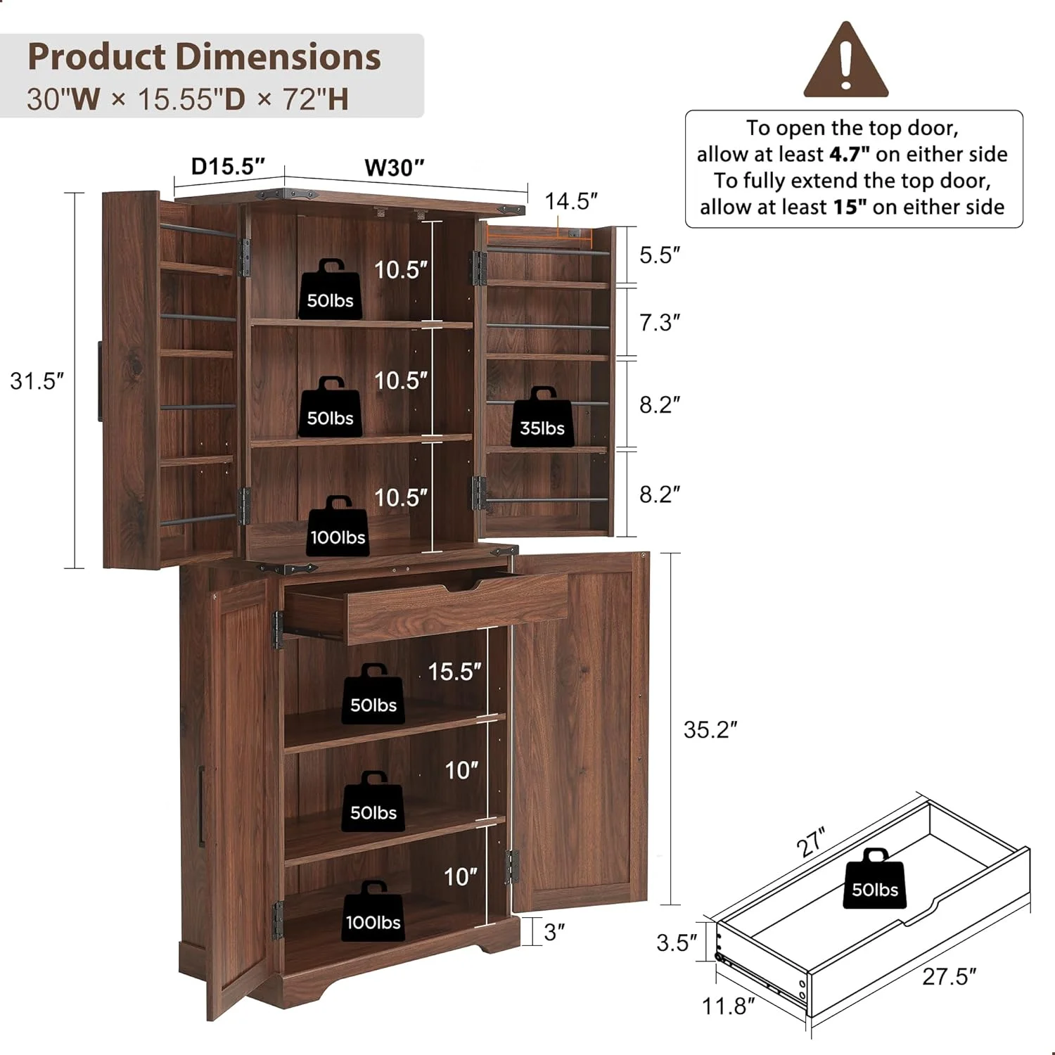 47" Kitchen Pantry, Farmhouse Storage Cabinet with Barn Doors, Organizer and Adjustable Shelves, Rustic Wood Cupboard for Kitchen, Dining Room, Bathroom and Hallway, Black - Image 33