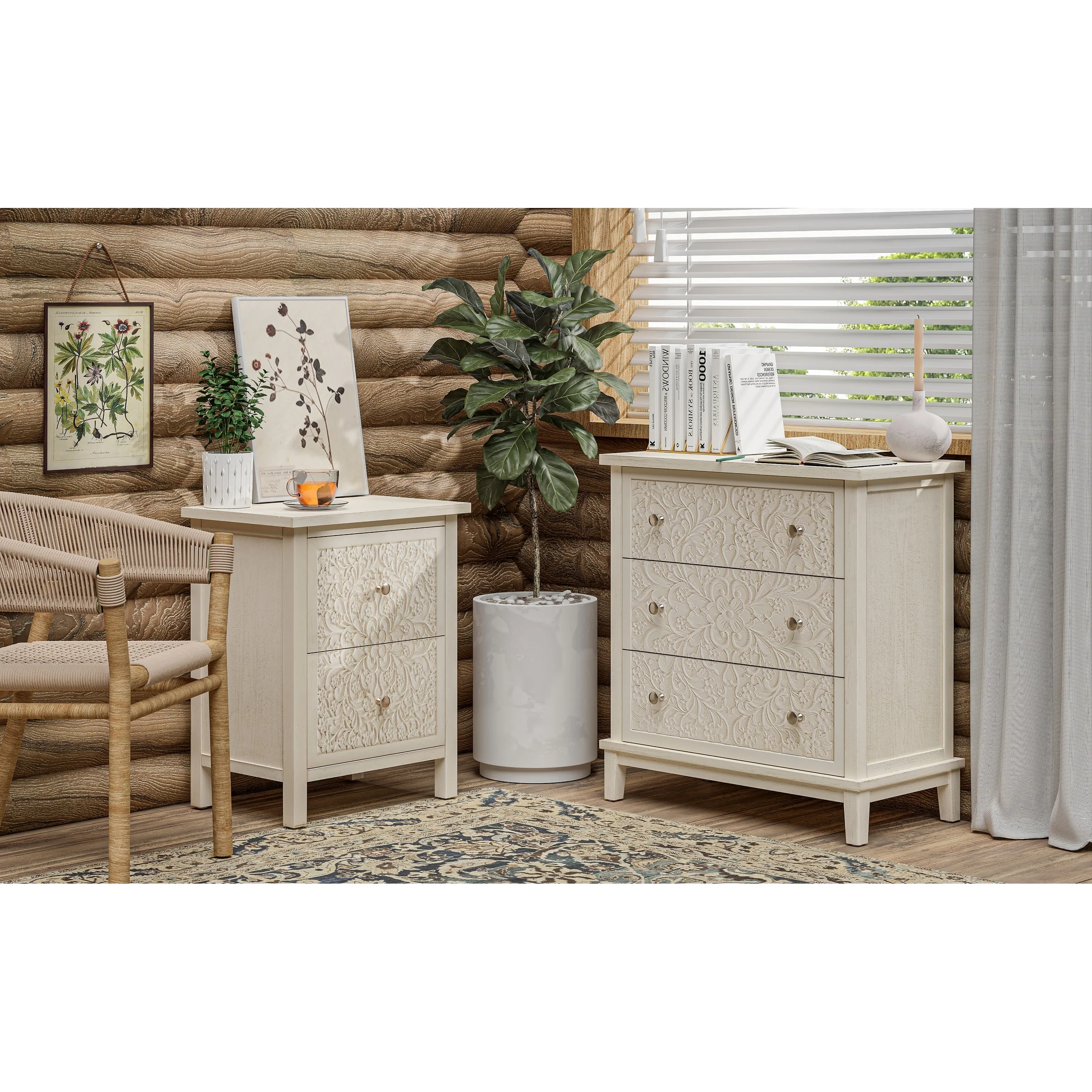 Farmhouse Fully Assembled Nightstand with 2 Drawers, Flower Motif End Table for Small Spaces - Image 11