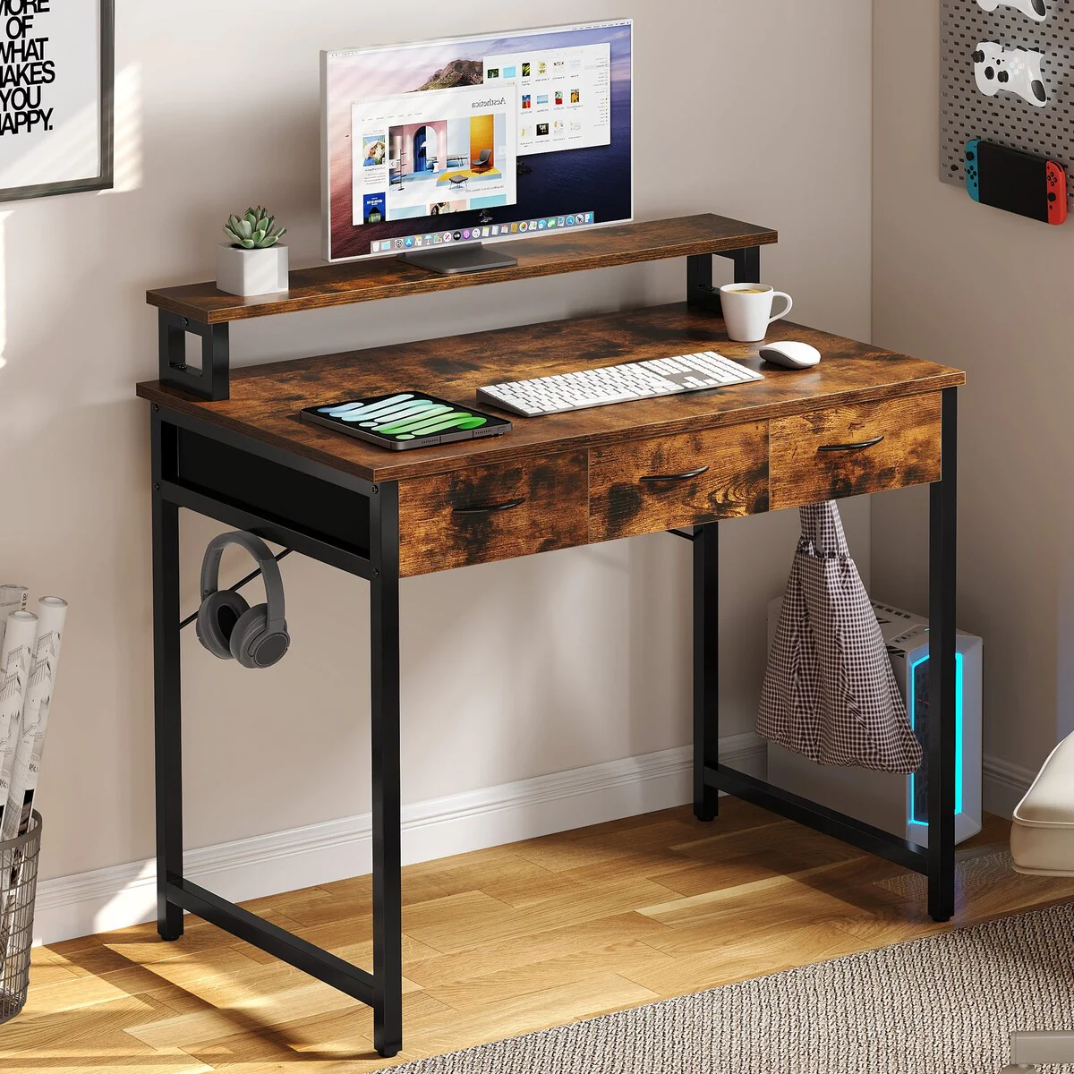Small Computer Desk with Fabric Drawers and Monitor Stand, Compact Home Office Workstation for Small Spaces - Image 3