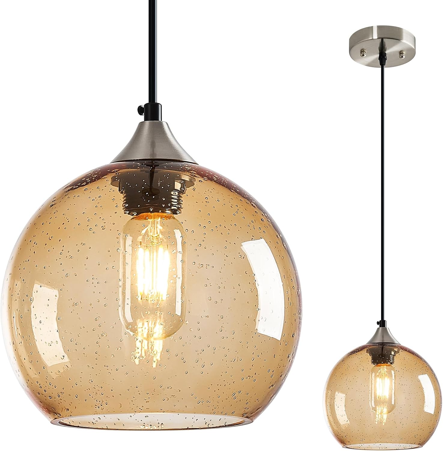Amber Pendant Lights Kitchen Island 3 Pack, 5.9 in Seeded Glass Globe - Image 81