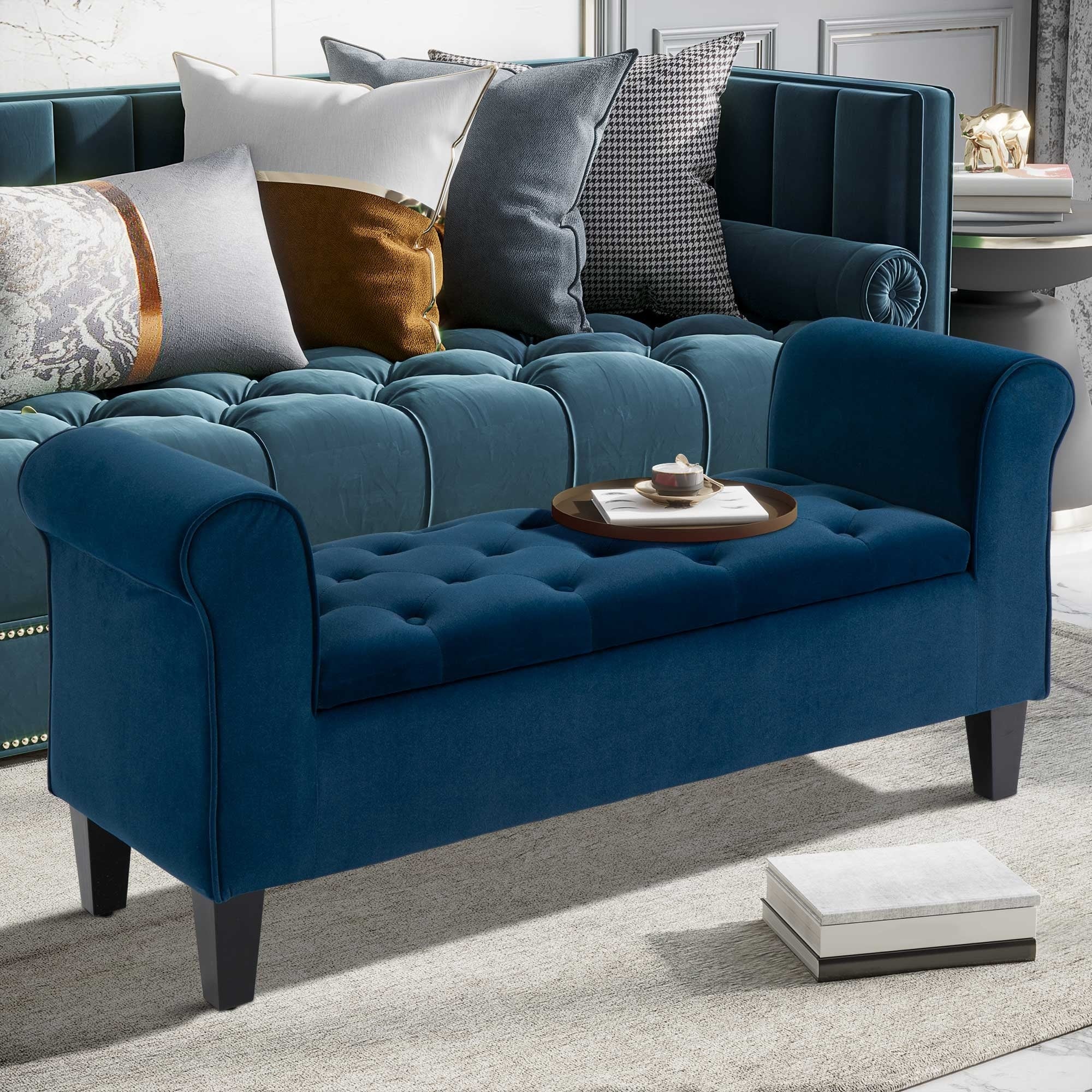 Button-Tufted Storage Ottoman Bench, Upholstered Bed Bench with Rolled Armrests for Bedroom, Living Room and Hallway - Image 22