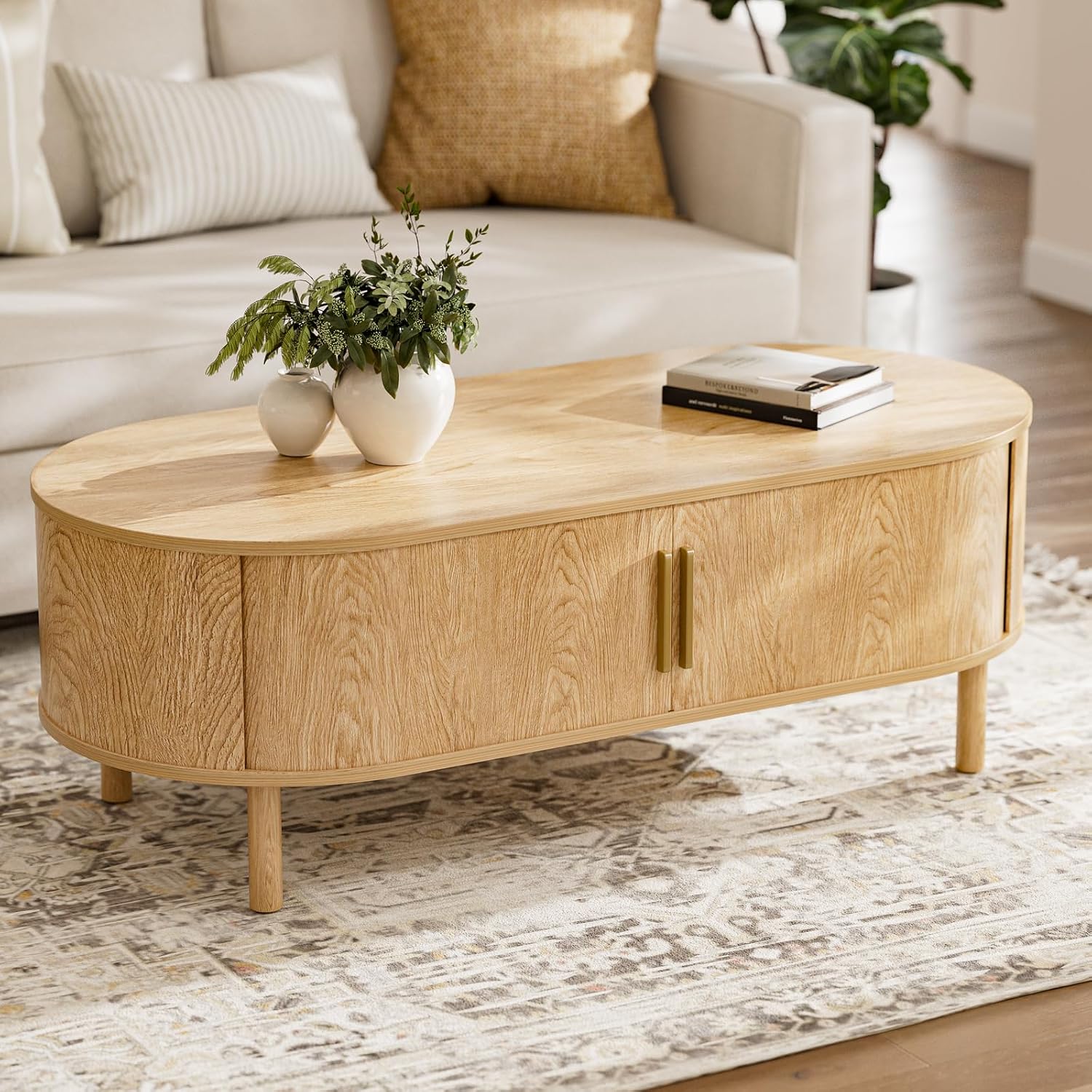 Round Coffee Table with Sliding Doors, Mid-Century, Walnut - Image 2
