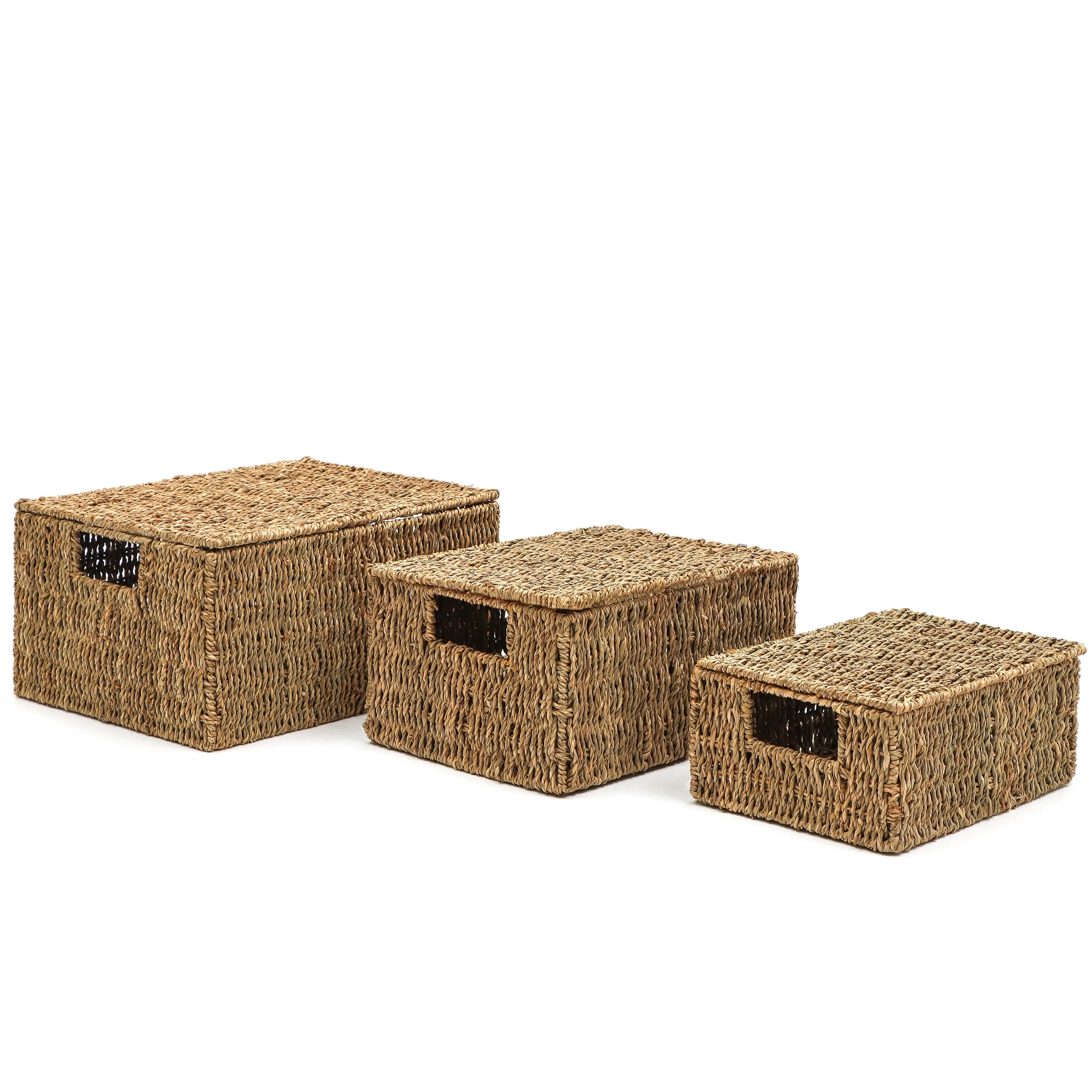 Set of 3 Small Rectangular Seagrass Baskets with Lids, Woven Storage Baskets - Image 2