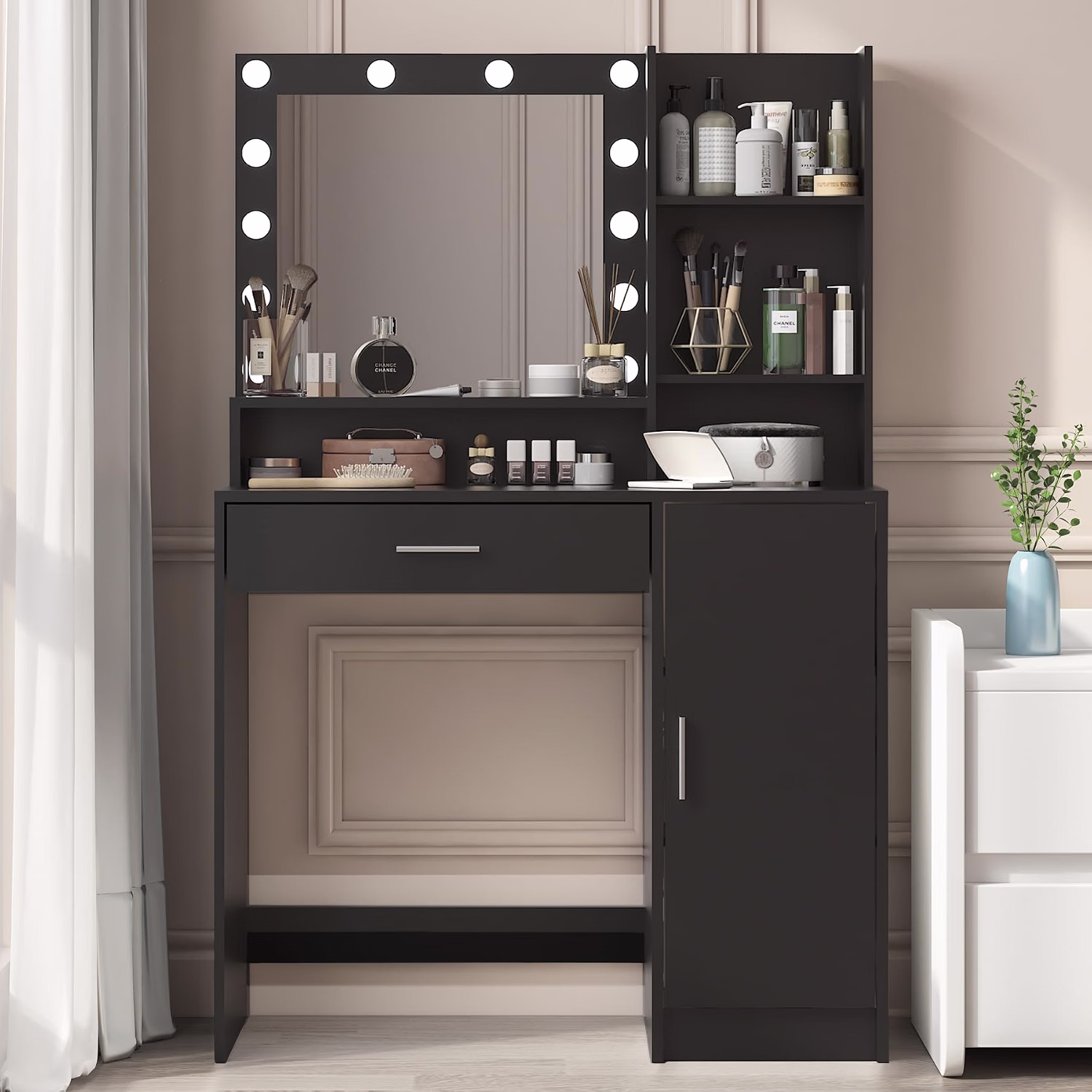Vanity Desk with Mirror & Light, Large Drawer Three Level Storage Dresser, 3 Lighting Modes Adjustable Brightness, Bedroom Dressing Table - Image 4