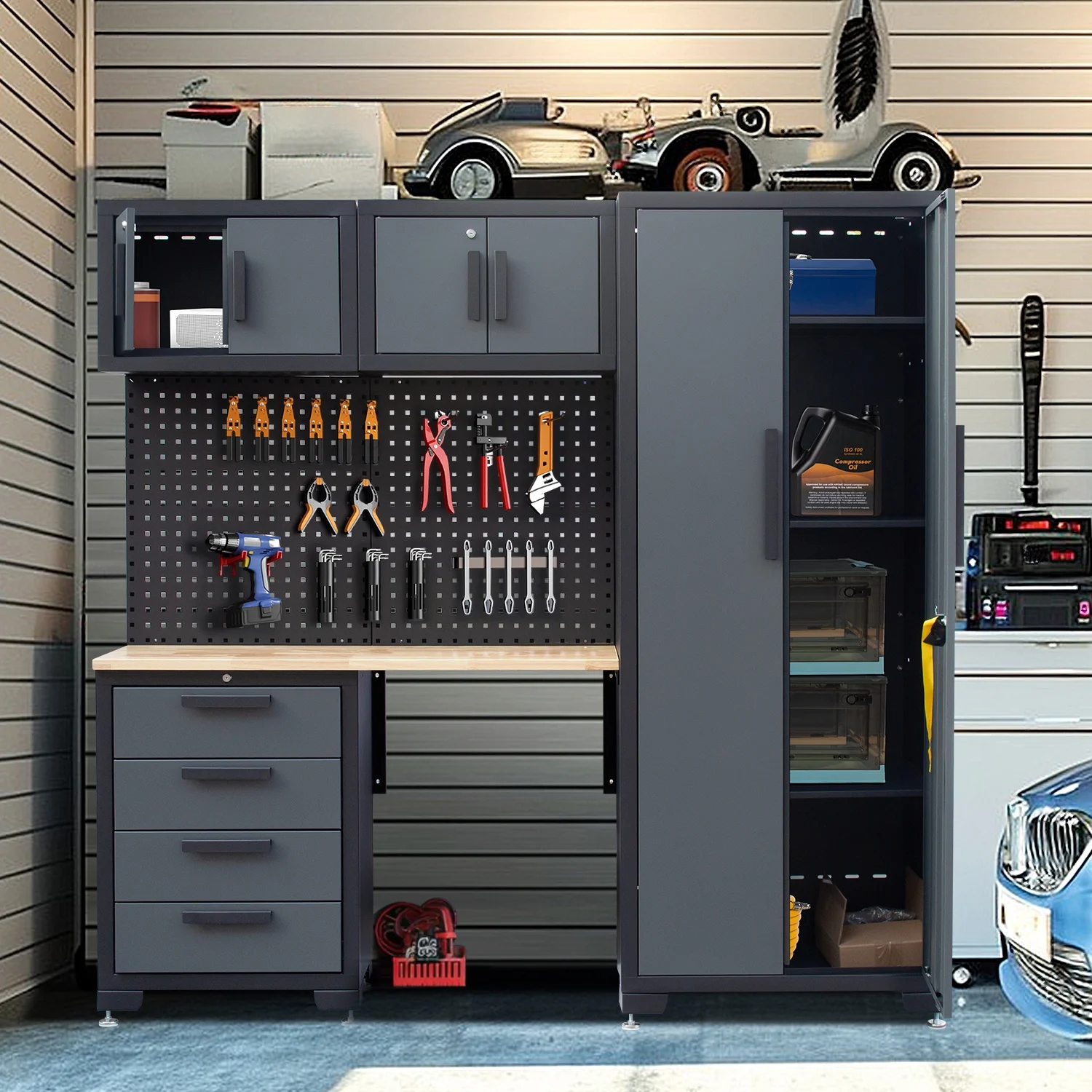 HPDMC Garage Storage Cabinet System 7-Pcs Workshop Set Metal Garage Cabinets System with Steel Cabinet Drawers, Workbench, Pegboard for Garage Tool Organization - Image 2