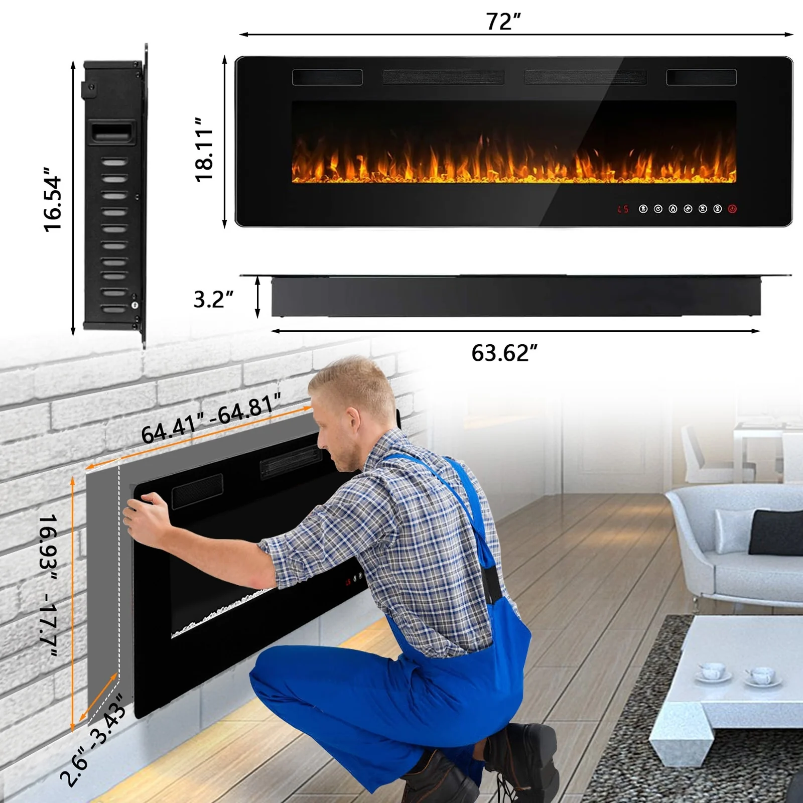 30-72 Inch Ultra-Thin Electric Fireplace, Linear Recessed Wall Mounted Fireplace with Remote Control - Image 5