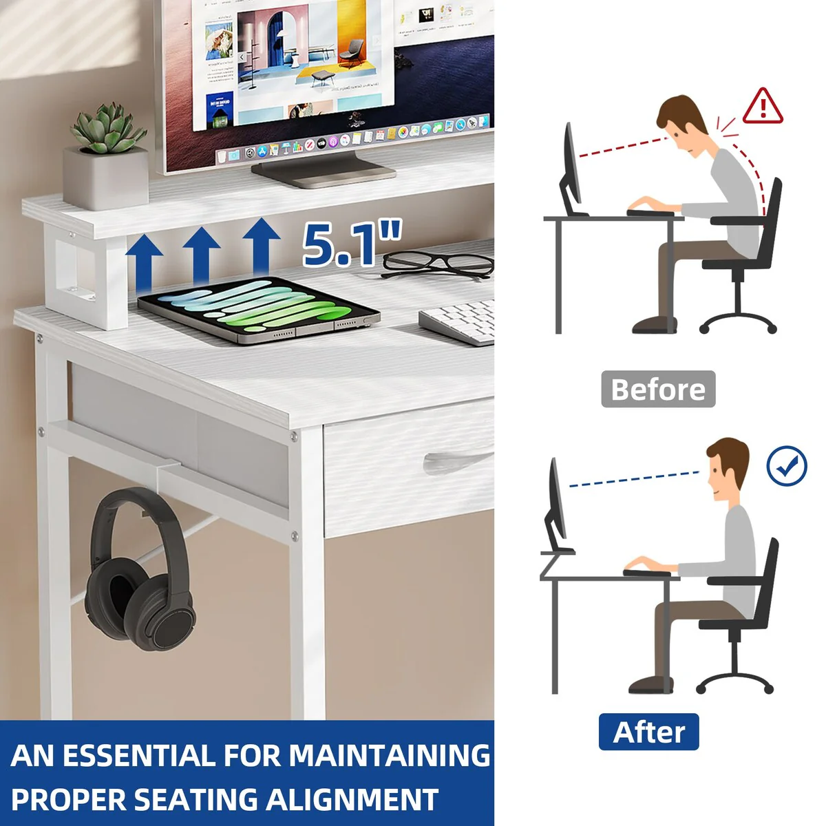 Small Computer Desk with Fabric Drawers and Monitor Stand, Compact Home Office Workstation for Small Spaces - Image 13