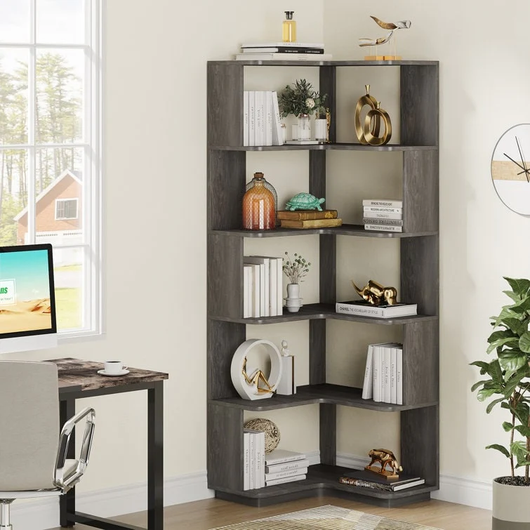 64.9 Inch Tall 6-Tier Corner Bookshelf, Freestanding Wood Industrial Bookcase - Image 11
