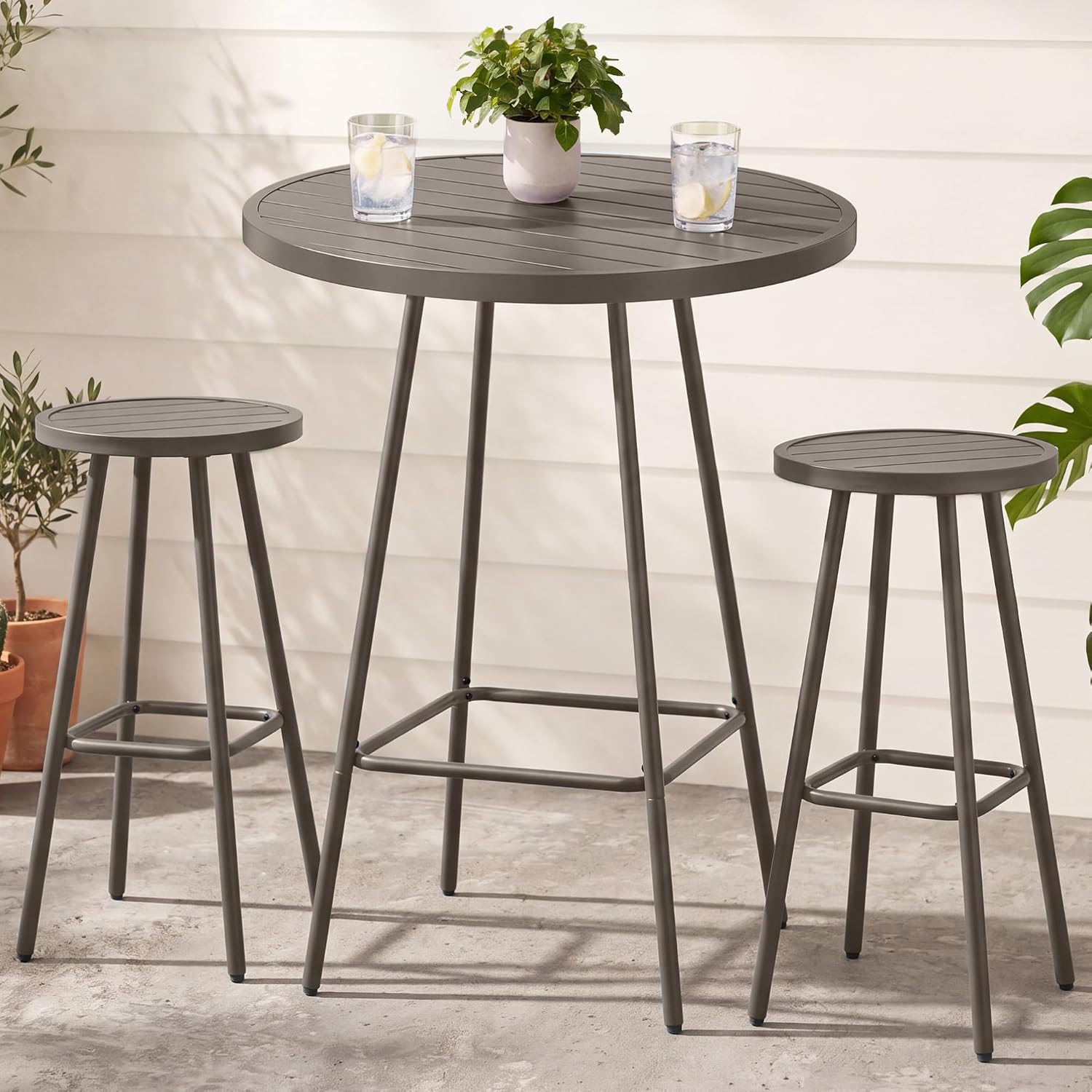 3-Piece Patio Dining Set, Bar Height, Outdoor Bistro Set, Outdoor Round Bar Table w/ 2 Bar Stools, Steel - White - Image 4