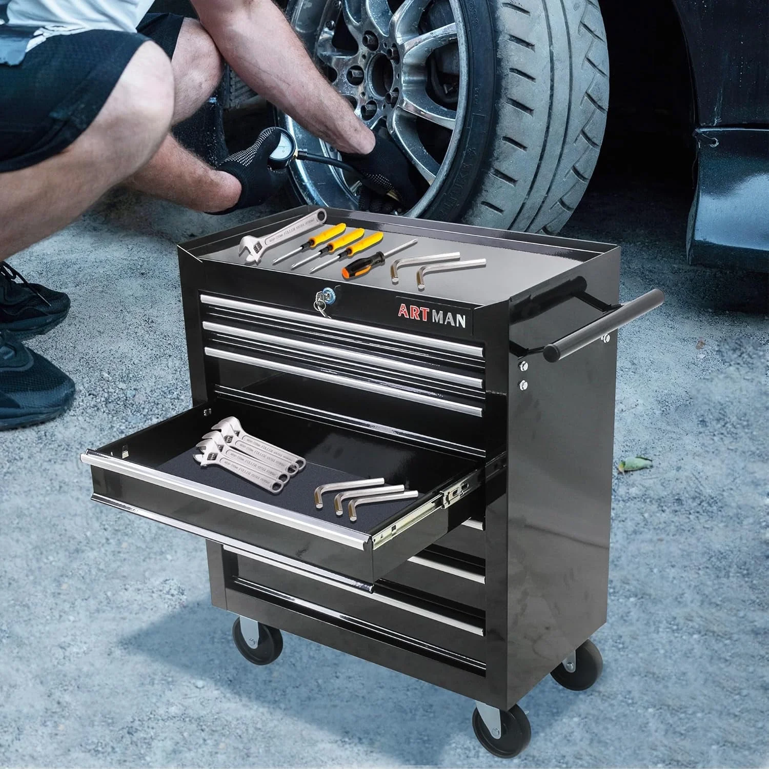 POVANLI 7-Drawer Rolling Tool Chest with Wheels Multifunctional Tool Chest Portable Tool Storage Cabinet with Locking System for Garage Workshop Warehouse Repair Shop - Image 11