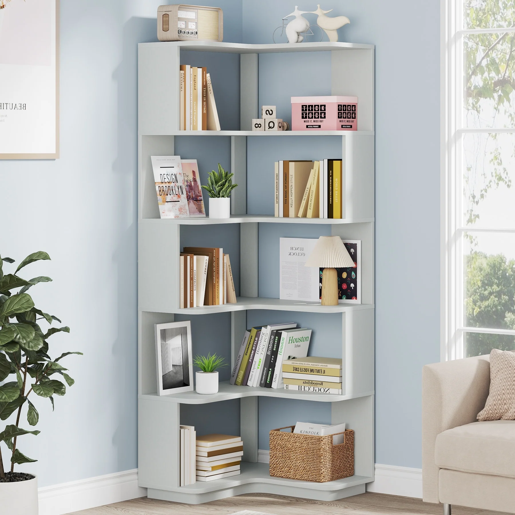 64.9 Inch Tall 6-Tier Corner Bookshelf, Freestanding Wood Industrial Bookcase - Image 5