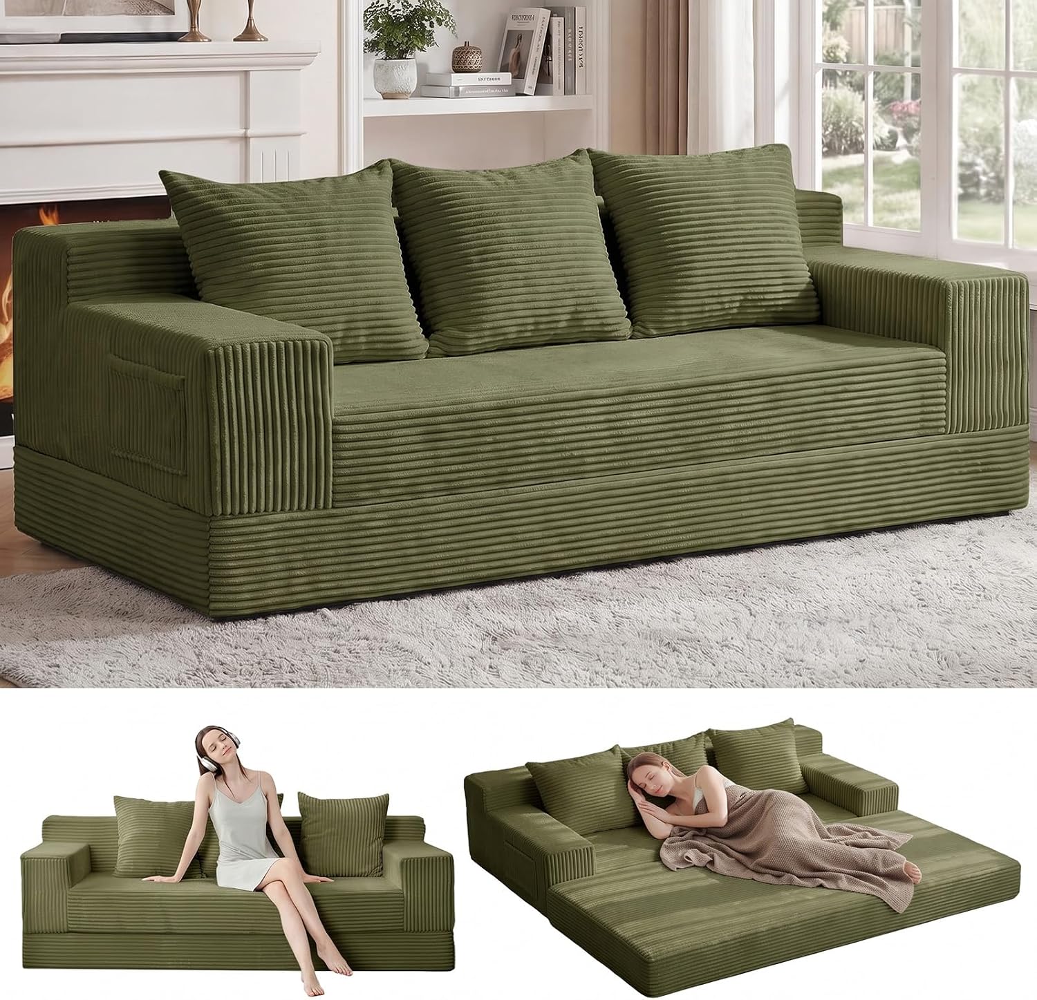 Convertible Sofa Bed, Loveseat Folding Floor Futon Sleeper Sofa Couch Bed- Boneless Foldable Couch, Corduroy Pull Out Sofa Bed with 2 Pillows for Living Room & Bedroom - Image 3