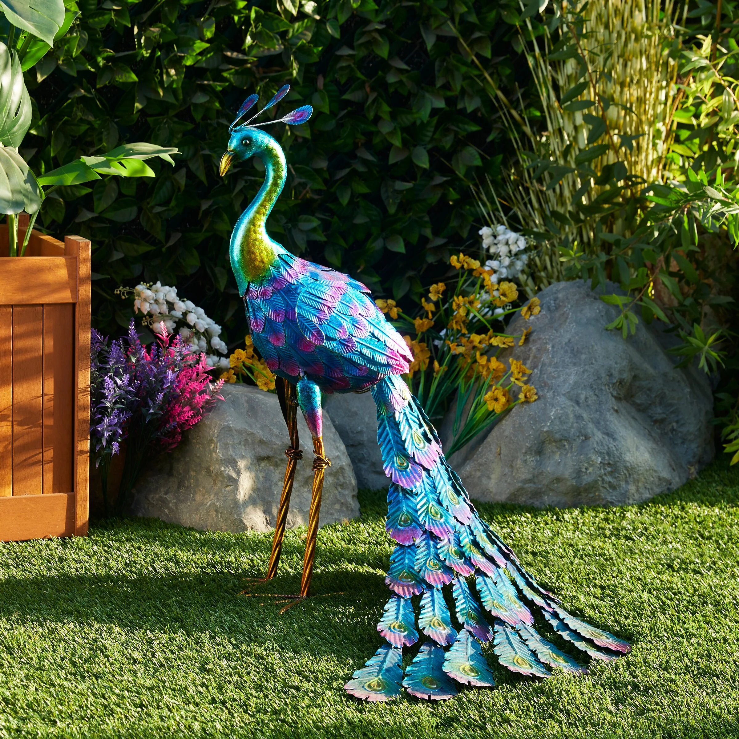 Tall Metallic Peacock Garden Statue, Multicolor Outdoor Standing Bird Sculpture for Yard, Patio and Garden Decoration