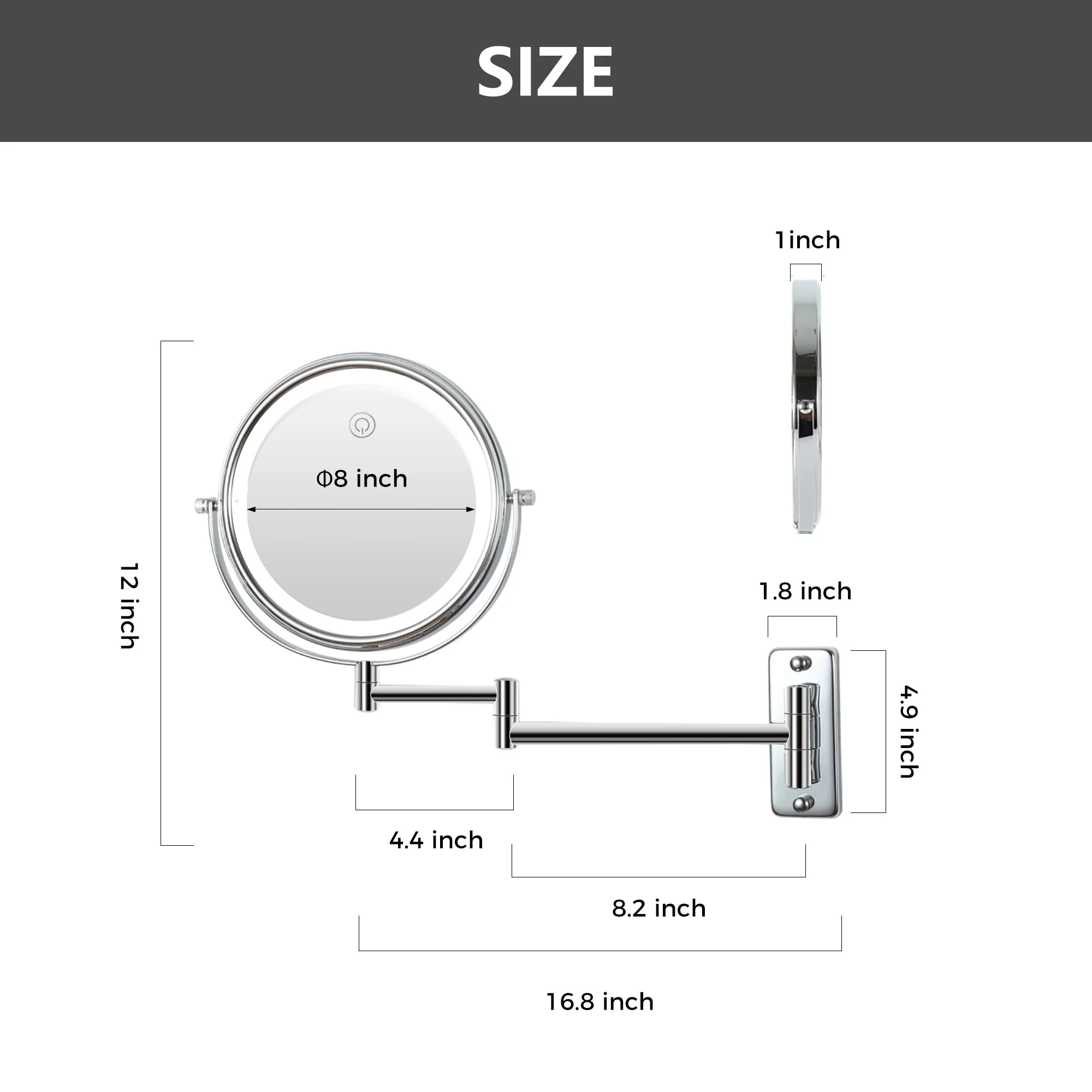 8 Inch Round Wall Mounted Makeup Mirror, Rechargeable, 1X/10X Magnification, 3-Color LED Lights - Image 16