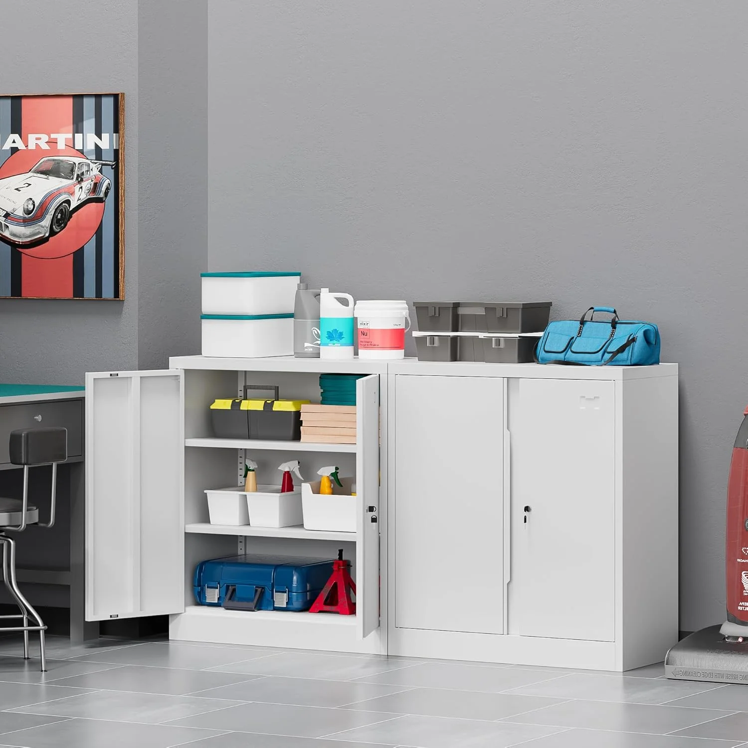 Metal Storage Cabinet, Garage Storage Cabinet with Doors and 2 Adjustable Shelves, 36" White Metal Cabinet, Locking Cabinet for Home,Garage,Office,School - Image 10