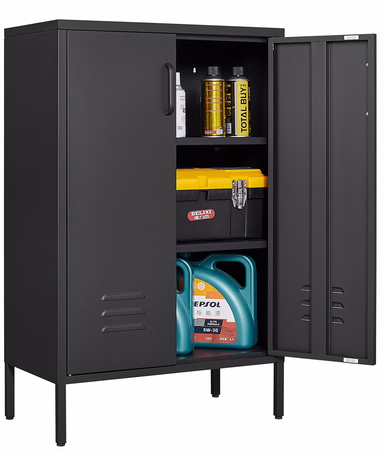 Seizeen Metal Storage Cabinet for Tool Garage Home Improvement, Storage Cabinet with Doors and Shelves Adjustable, Black