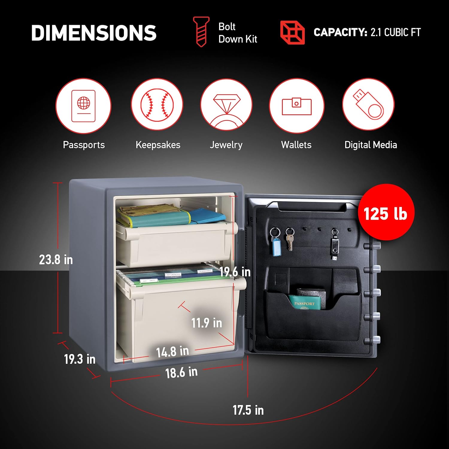1.23 Cu Ft Waterproof and Fireproof Digital Safe Box, Alloy Steel Security Safe for Home and Office - Image 9