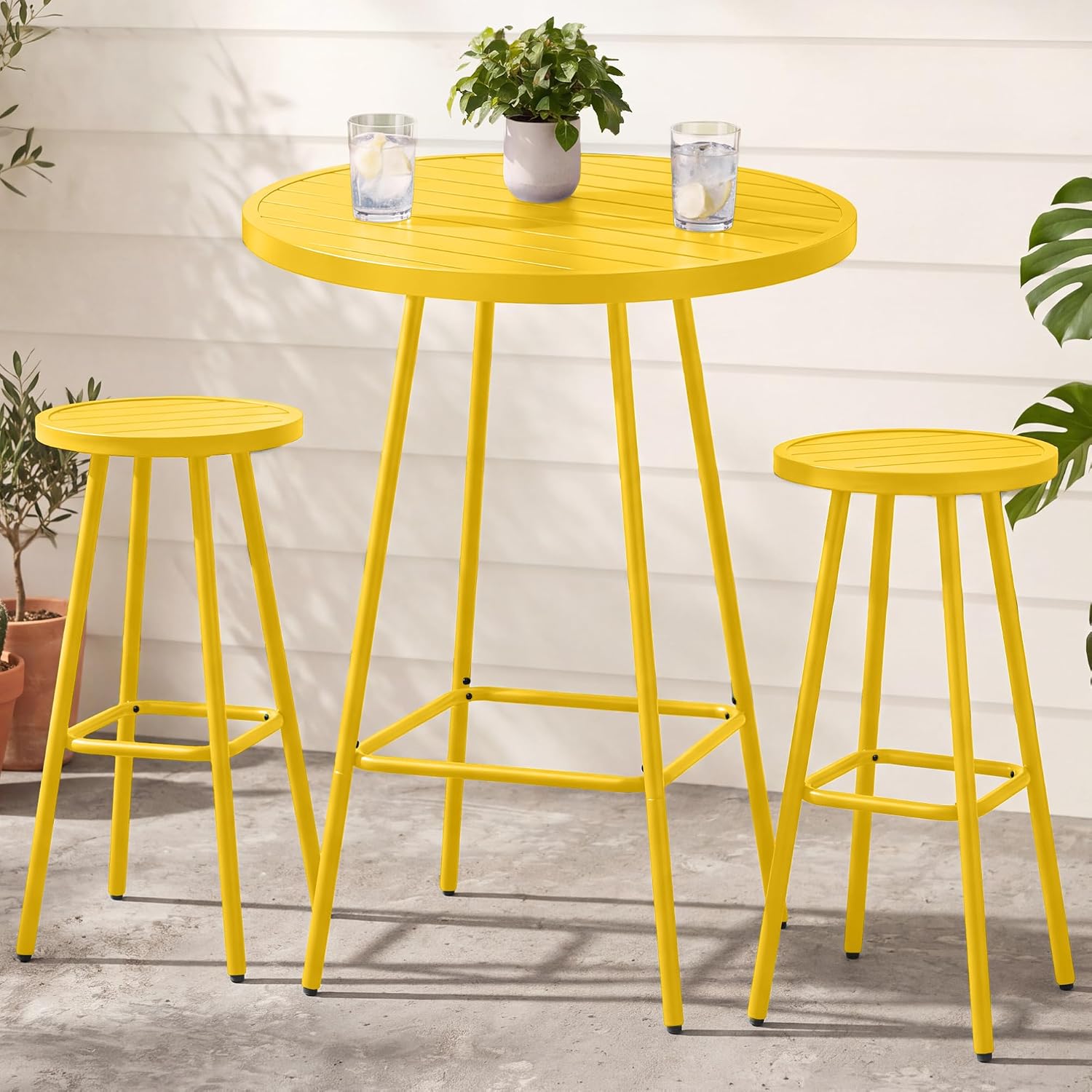 3-Piece Patio Dining Set, Bar Height, Outdoor Bistro Set, Outdoor Round Bar Table w/ 2 Bar Stools, Steel - White - Image 8