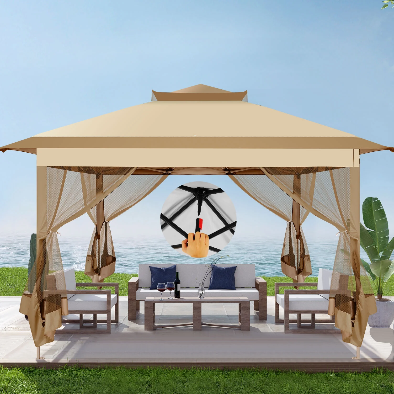 COBIZI 11x11 Pop up Gazebo Outdoor Canopy Gazebo Patio Gazebo with Mosquito Netting Canopy Shelter with 121 Square feet of Shade for Poolside, Garden, Party and Backyard, Khaki - Image 14