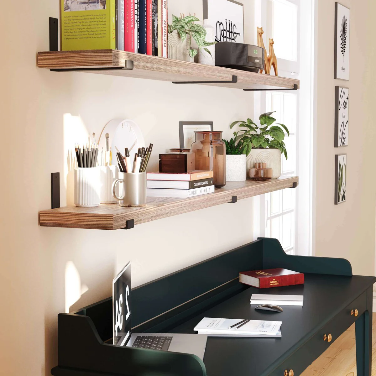 72 Inch Floating Wood Wall Shelves, Set of 2 Burnt Wood Display and Storage Shelves for Home Decor - Image 12