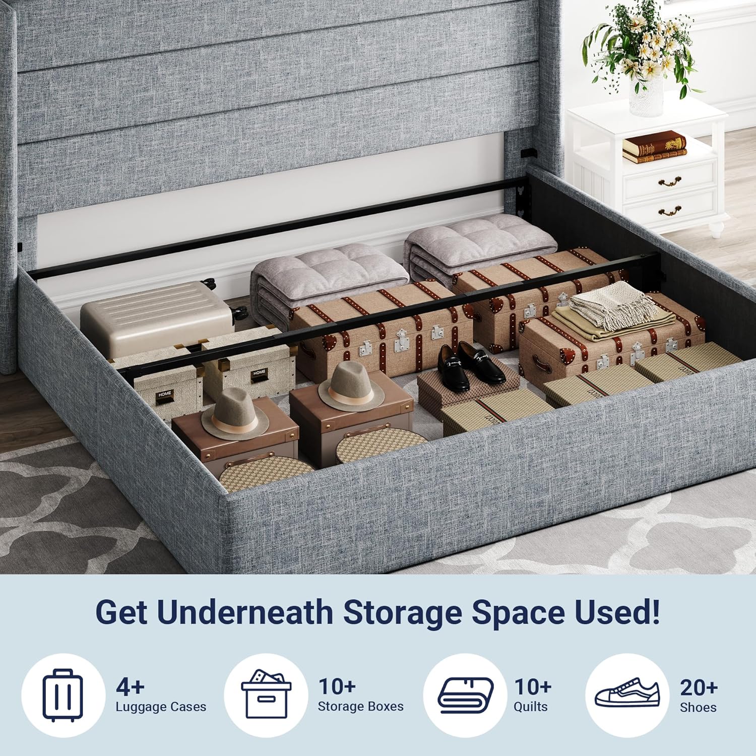 Queen Size Lift Up Storage Bed with Wingback Headboard, Upholstered Platform Bed Frame with Hidden Storage - Image 25