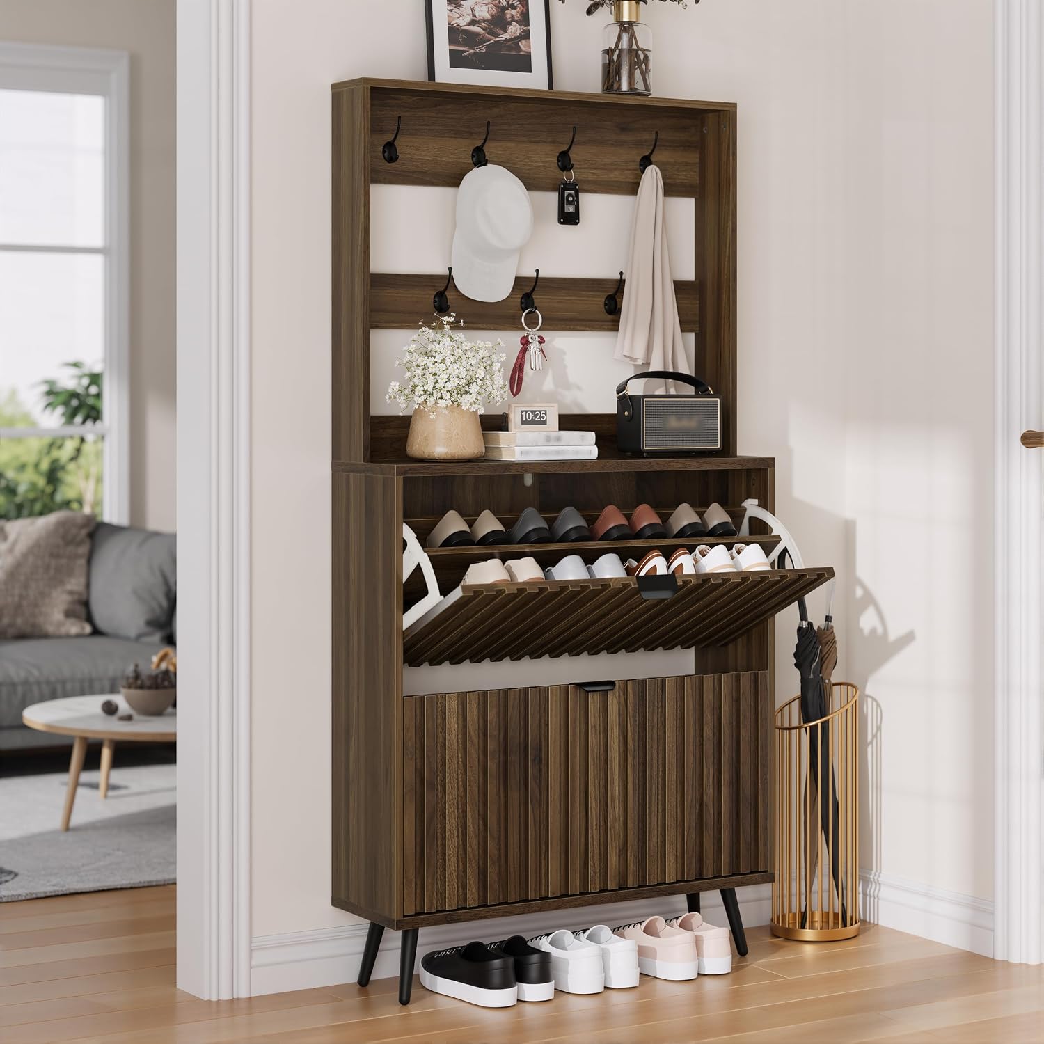 Shoe Cabinet with 2 Flip Drawers, 23.6" Natural Hidden Shoe Storage Cabinet with Fluted Design, Freestanding Shoe Organizer Cabinet for Entryway, Hallway, Closet, Living Room - Image 6