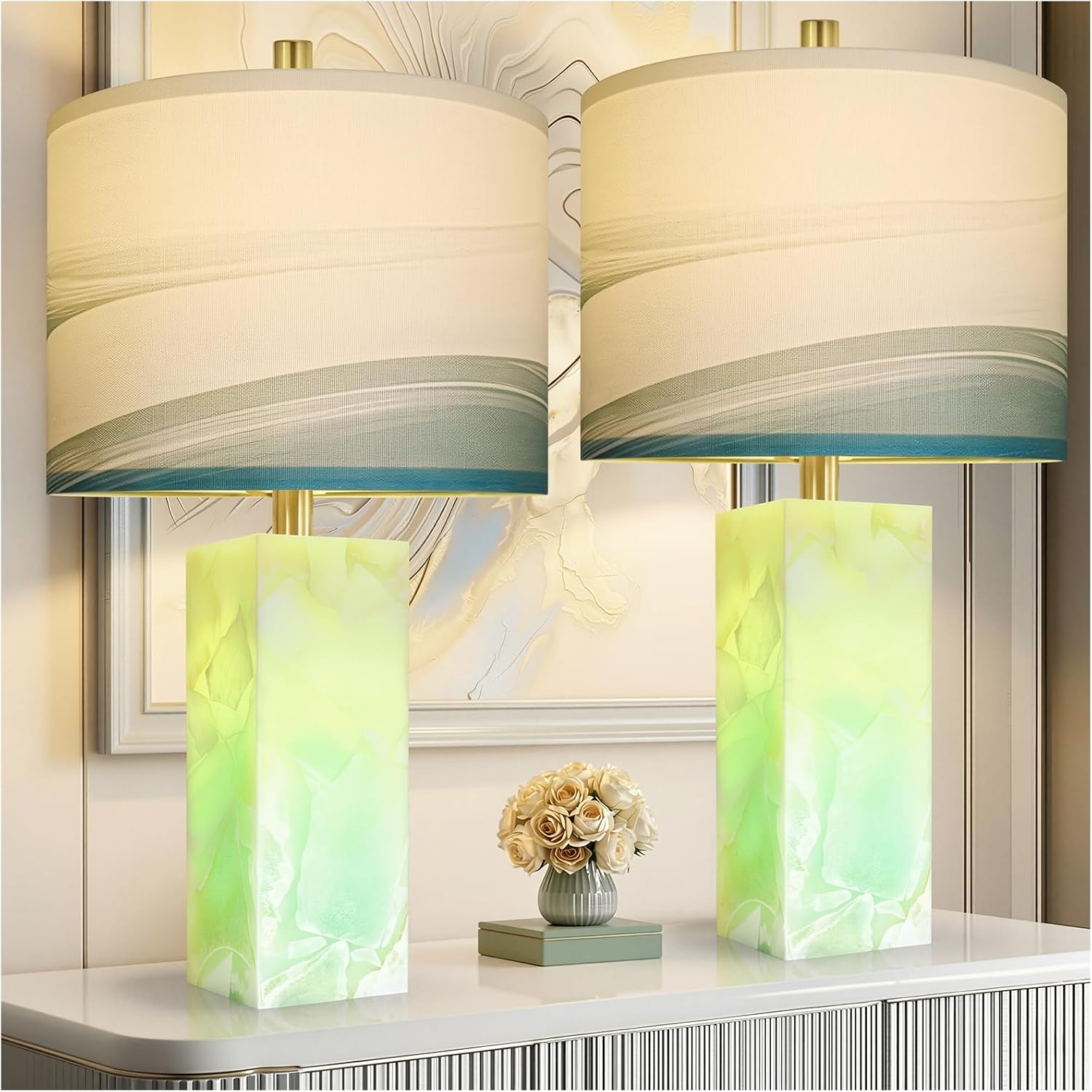 Alabaster Table Lamps with Night Light, Bedside Lamp with USB A+C - Image 6