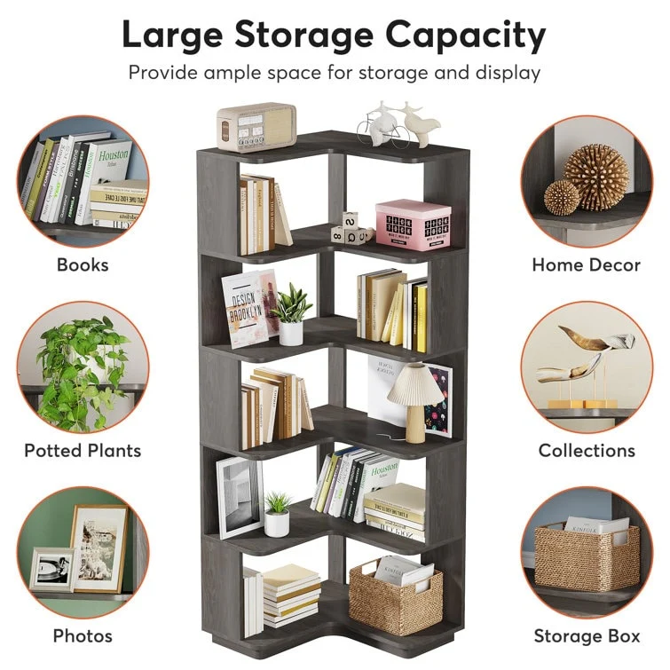 64.9 Inch Tall 6-Tier Corner Bookshelf, Freestanding Wood Industrial Bookcase - Image 12