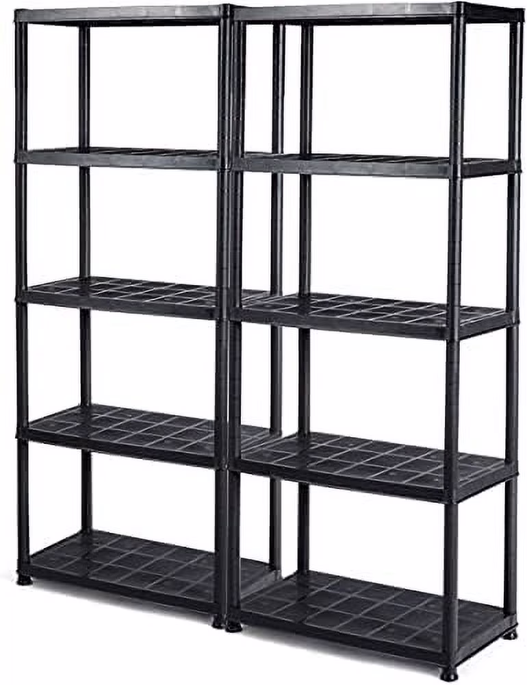 5 Tier Plastic Storage Shelves, Easy to Assemble Garage Rack, Multi-Use Free Standing Shelf Unit, Heavy Duty Shelving for Home Office, Black(2, 36-L X 18-W X 73-H)