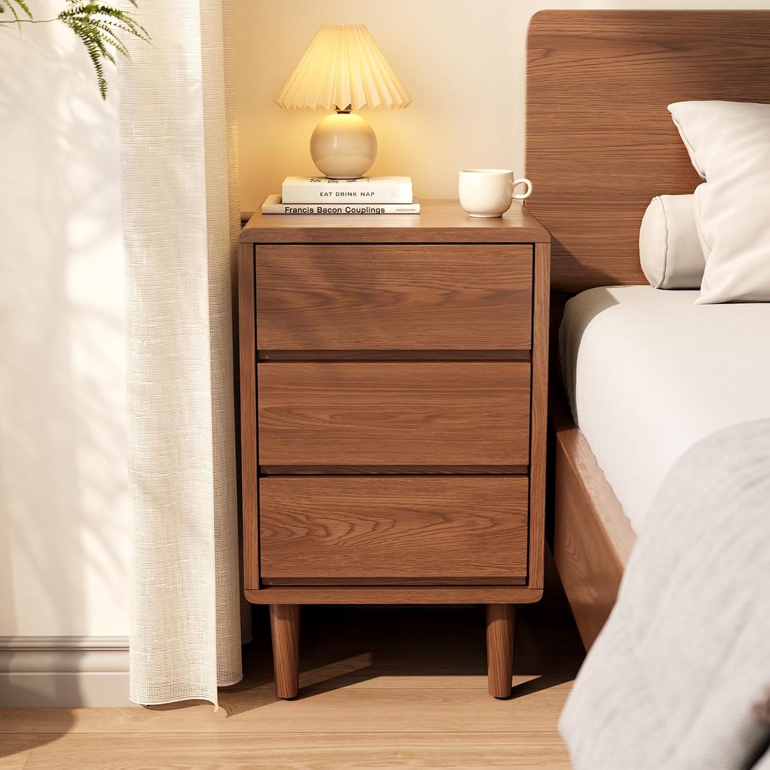 Walnut Solid Wood Nightstand with Drawers, Mid Century Modern Nightstand with Storage, Small Bedside Table for Bedroom, Living Room & Office - Image 7
