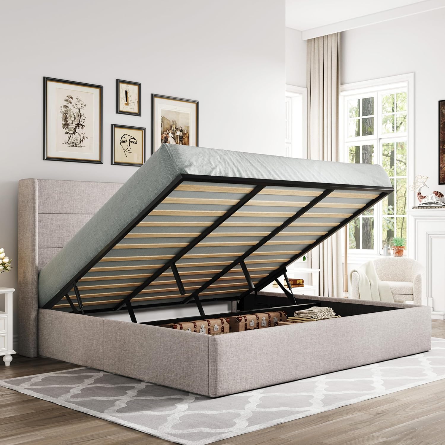 Queen Size Lift Up Storage Bed with Wingback Headboard, Upholstered Platform Bed Frame with Hidden Storage - Image 23