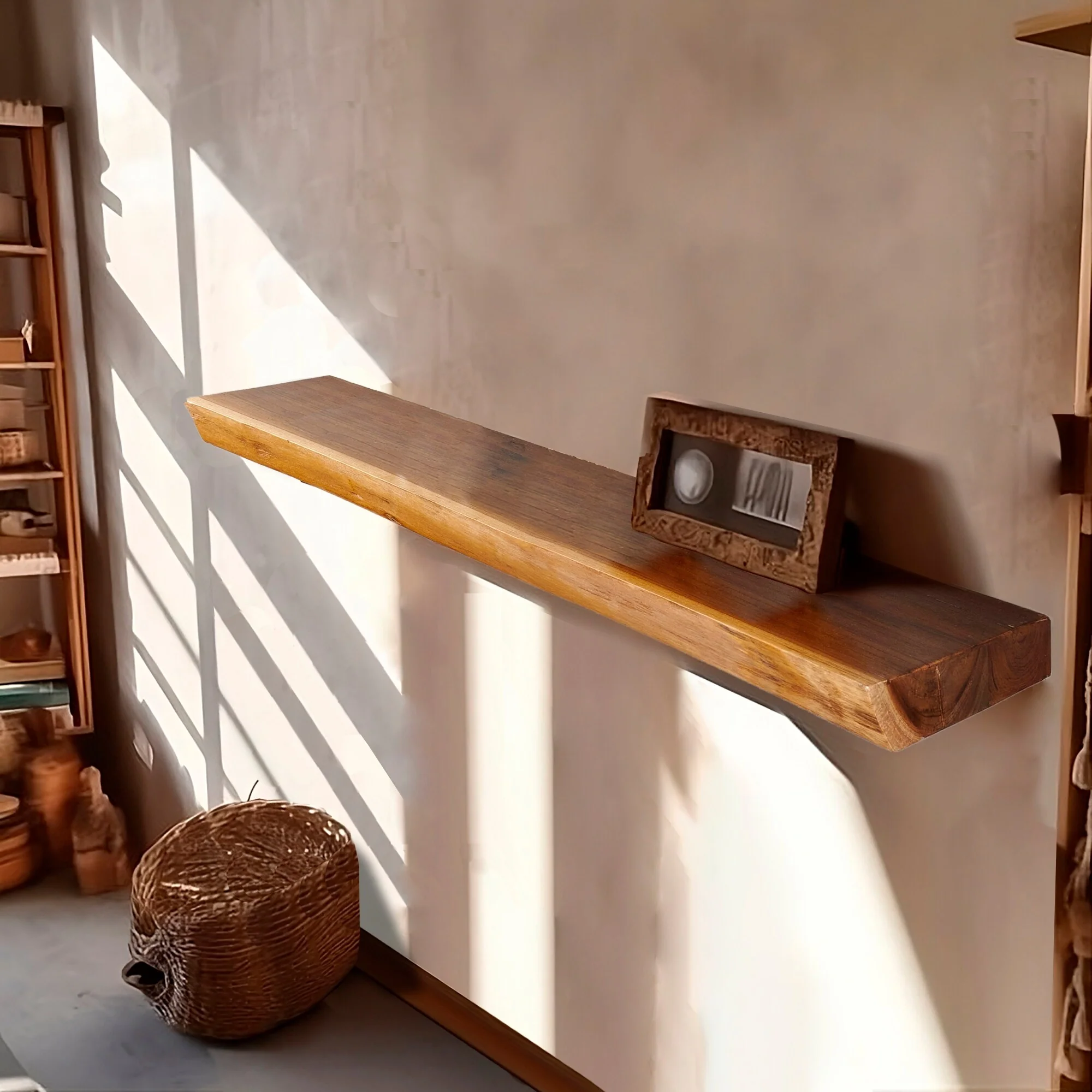 1 Piece Teak Wood Wall Shelf with Live Edge, Rustic Floating Shelf for Home Decor - Image 15