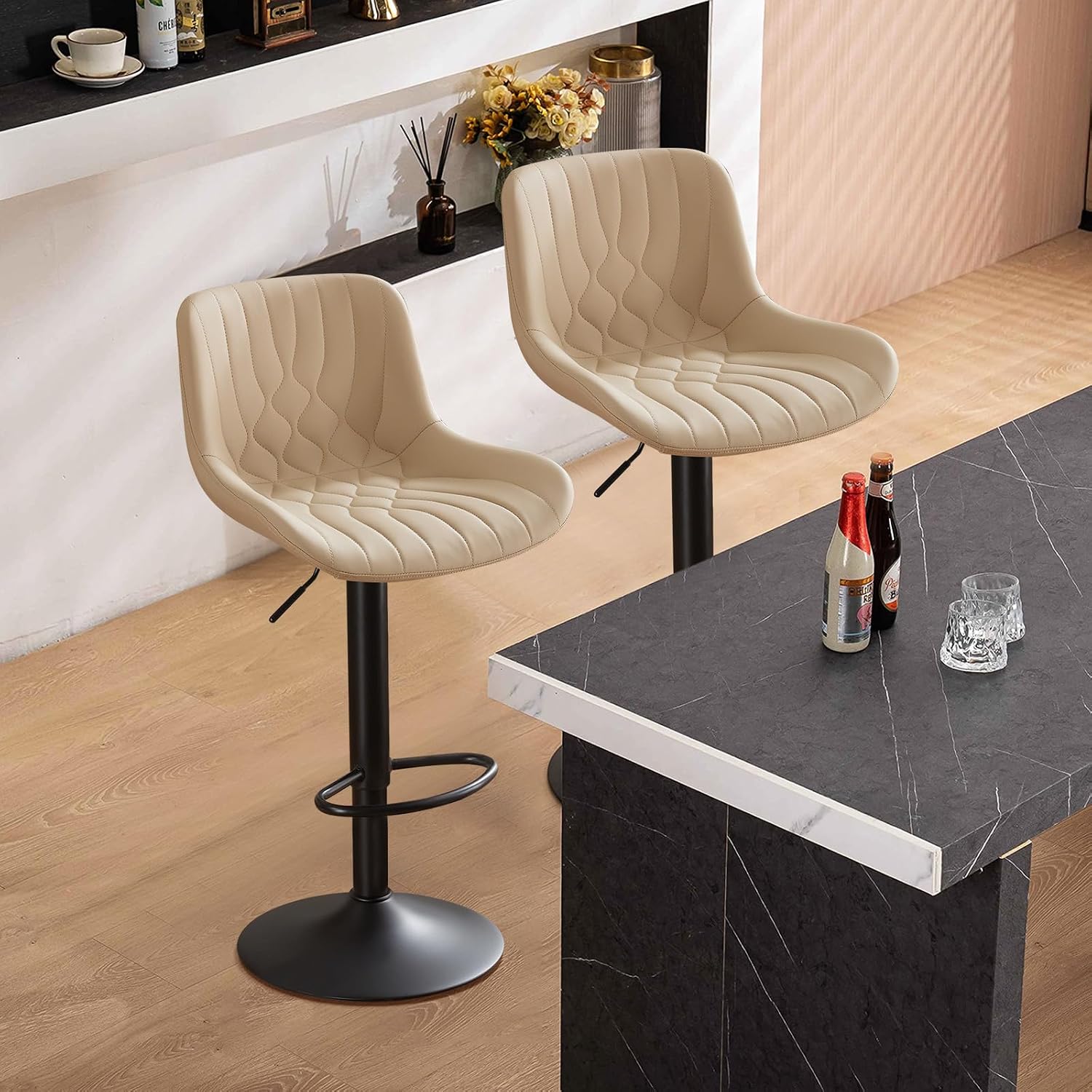 Modern Adjustable Bar Stools Set of 2,Swivel Backs with Faux Leather Counter Height for Kitchen Island Breakfast Bar Chairs Padded Seats for Bar(Black)