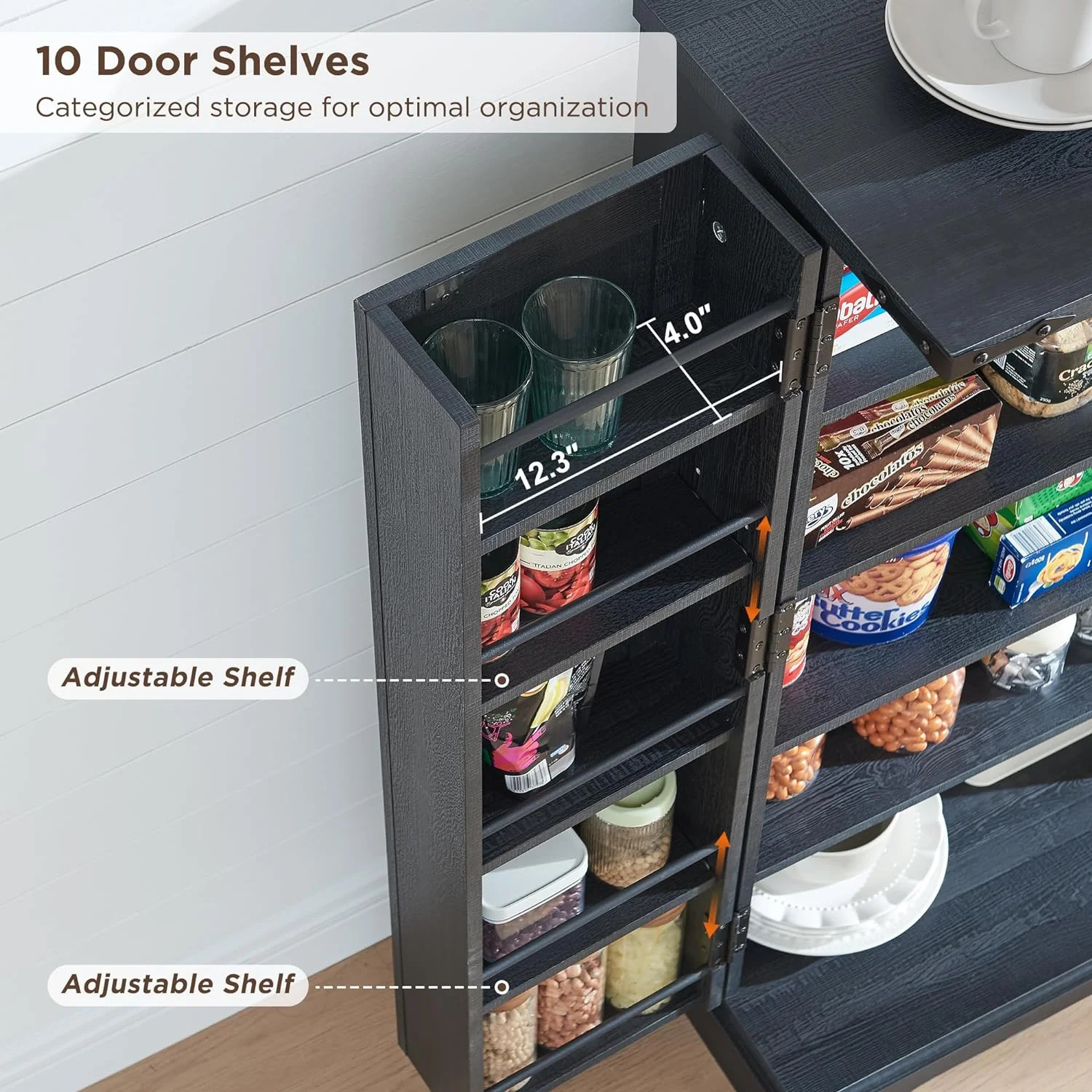47" Kitchen Pantry, Farmhouse Storage Cabinet with Barn Doors, Organizer and Adjustable Shelves, Rustic Wood Cupboard for Kitchen, Dining Room, Bathroom and Hallway, Black - Image 8