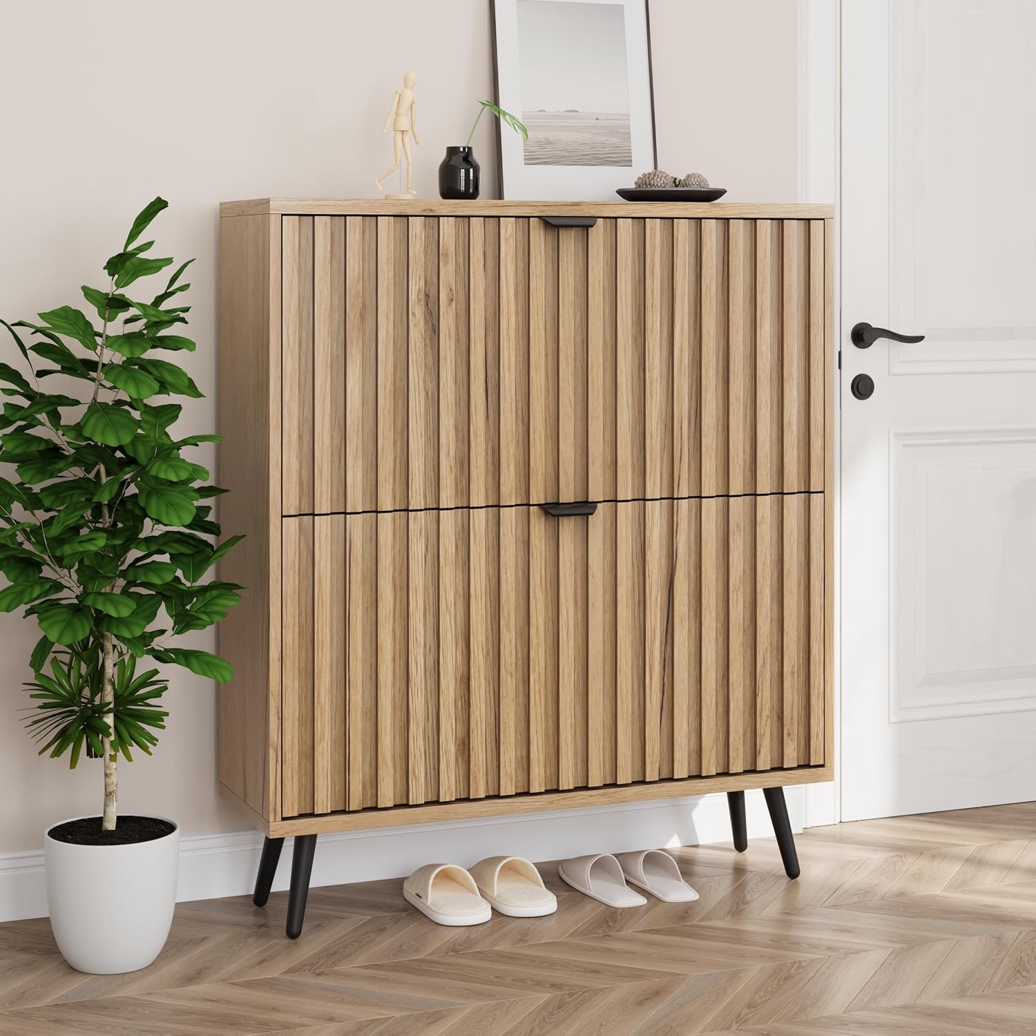 Shoe Cabinet with 2 Flip Drawers, 23.6" Natural Hidden Shoe Storage Cabinet with Fluted Design, Freestanding Shoe Organizer Cabinet for Entryway, Hallway, Closet, Living Room - Image 5