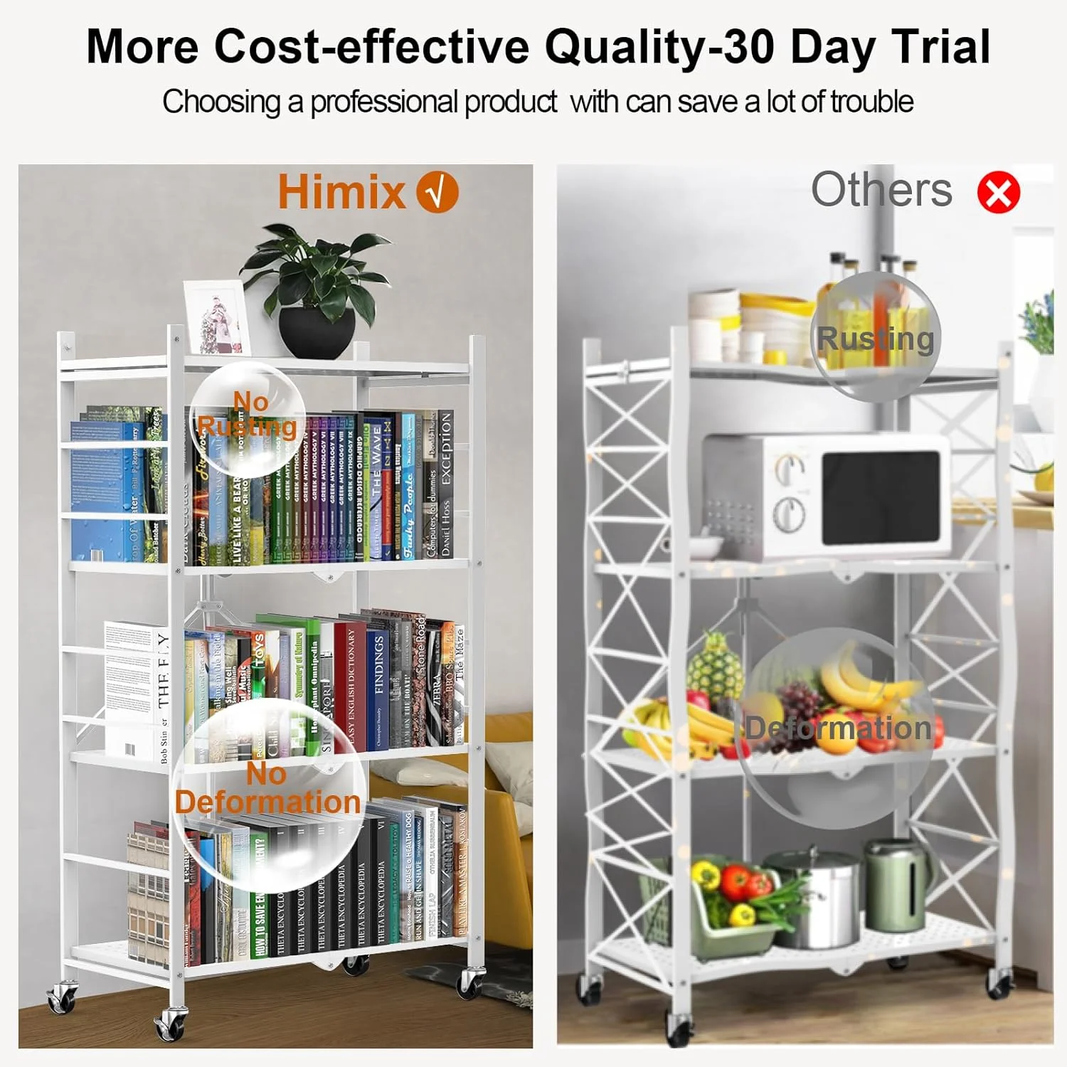 Storage Shelves with 20 Hooks, 4-Tier Foldable Shelves for Storage, Folding Shelf Unit Pantry Shelves with Wheels, Metal Shelving Storage Rack Shelf for Kitchen Garage Home, Black - No Assembly - Image 32