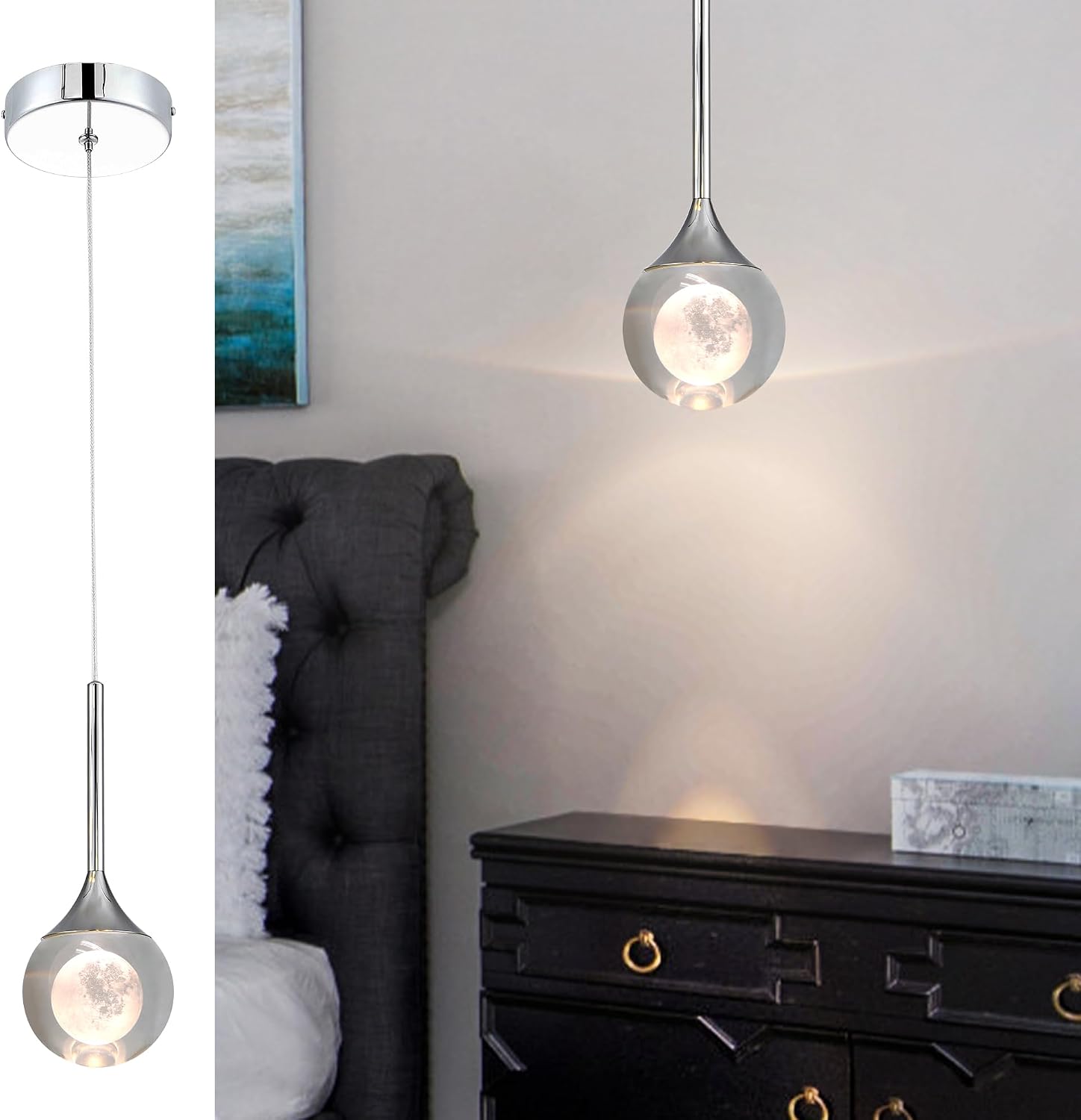 2 Pack Modern Crystal Moon Pendant Lights, Dimmable Natural White (3000K) LED Black Hanging Light Fixture for Kitchen Island, Dining Room, Bar, Bedroom