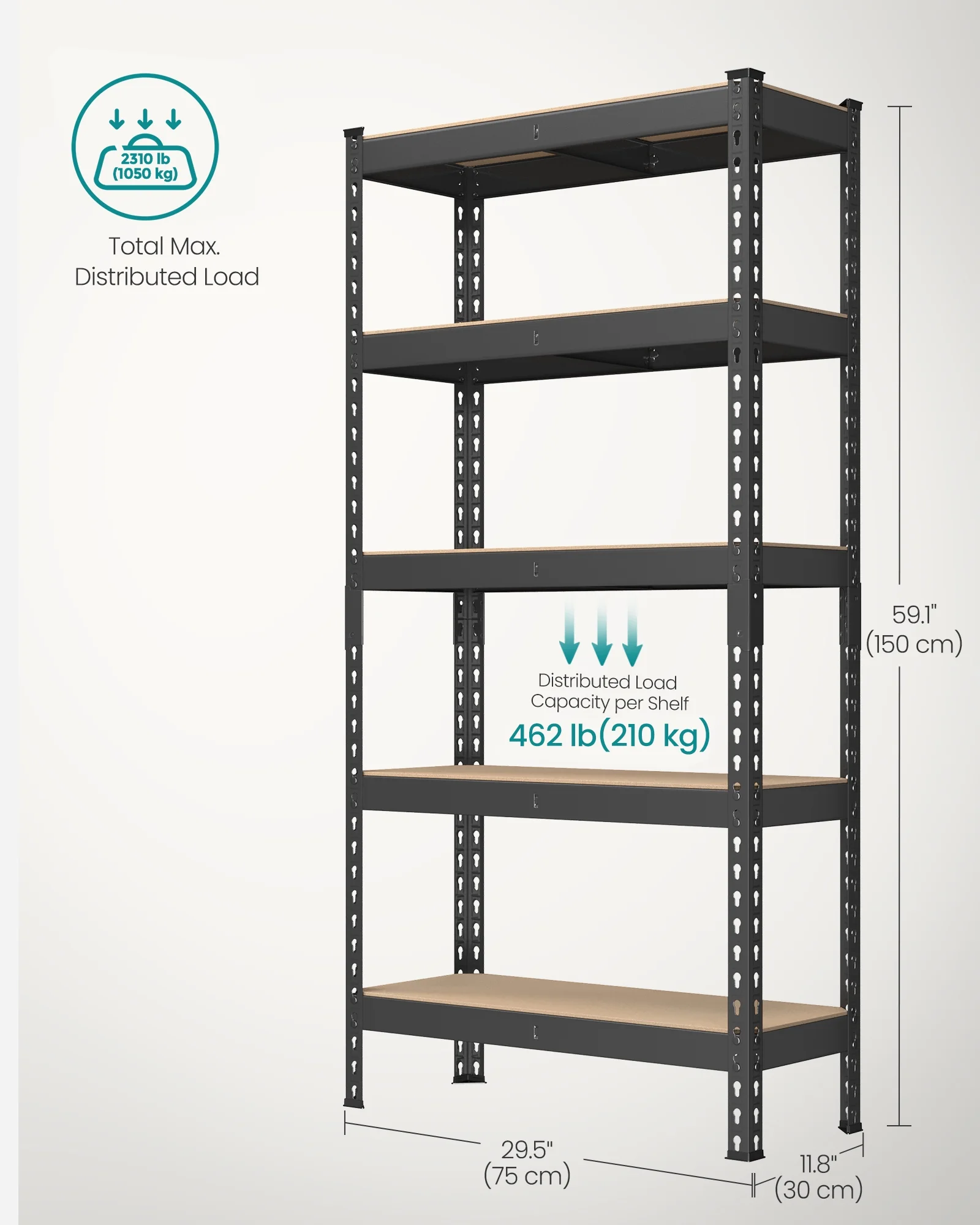 Set of 2 Heavy-Duty 5-Tier Storage Shelves, 2310 lb Total Capacity, Boltless Adjustable Steel Shelving Units for Garage Basement, 59.1" H, Black - Image 9