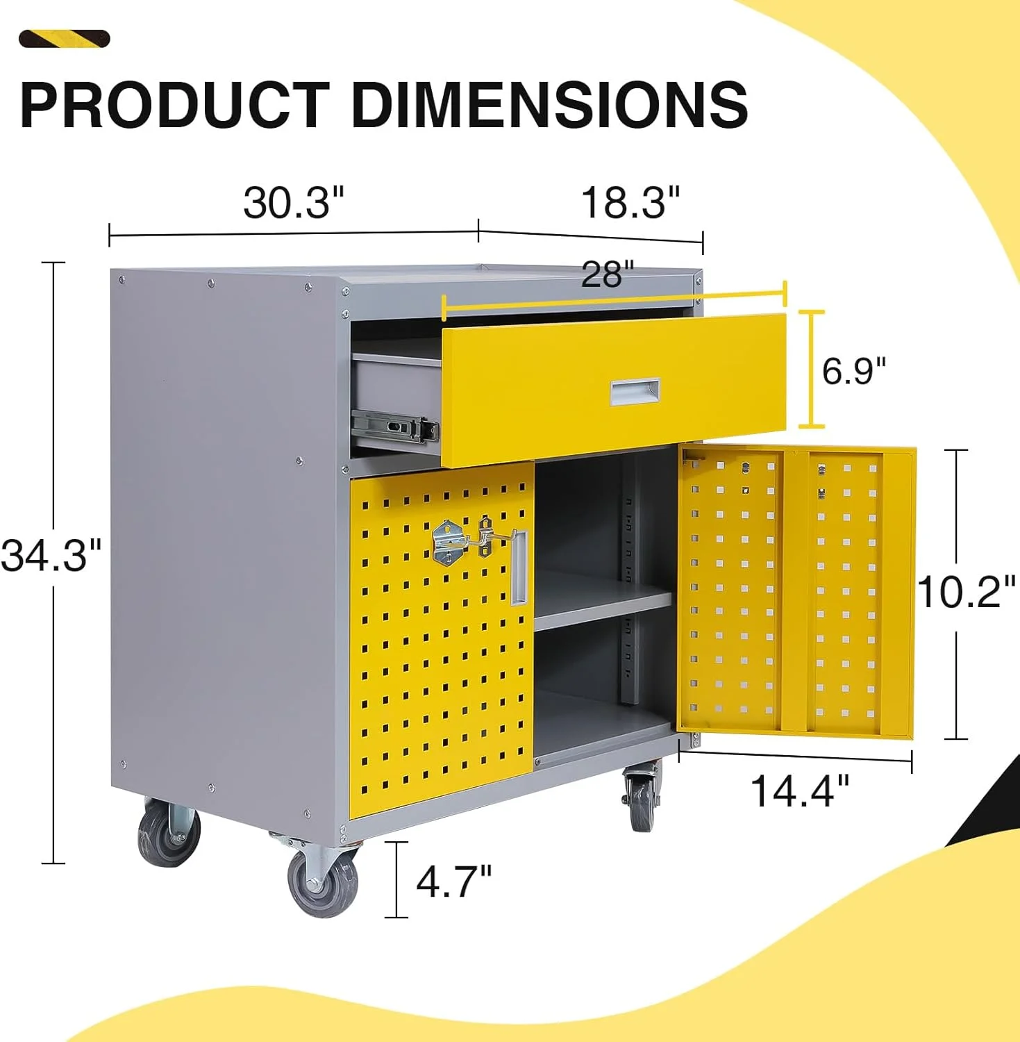 walsport Tool Chest, Rolling Storage Cabinet with Lockable Wheels with 1 Drawer & 2 Doors 1 Adjustable Shelf & 4 Hanging Hooks, Yellow - Image 3
