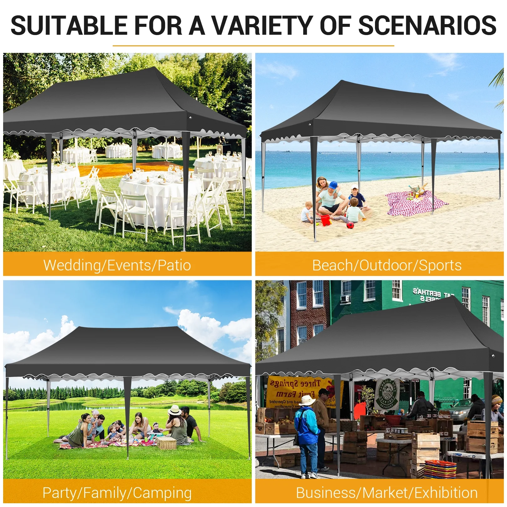 SANOPY 10' x 20' Pop up Canopy Party Tent with 6 Removable Sidewalls, Wave Eave Outdoor Waterproof Patio Gazebo Tent with Carry Bag, Backyards Camping Picnics, Black - Image 9