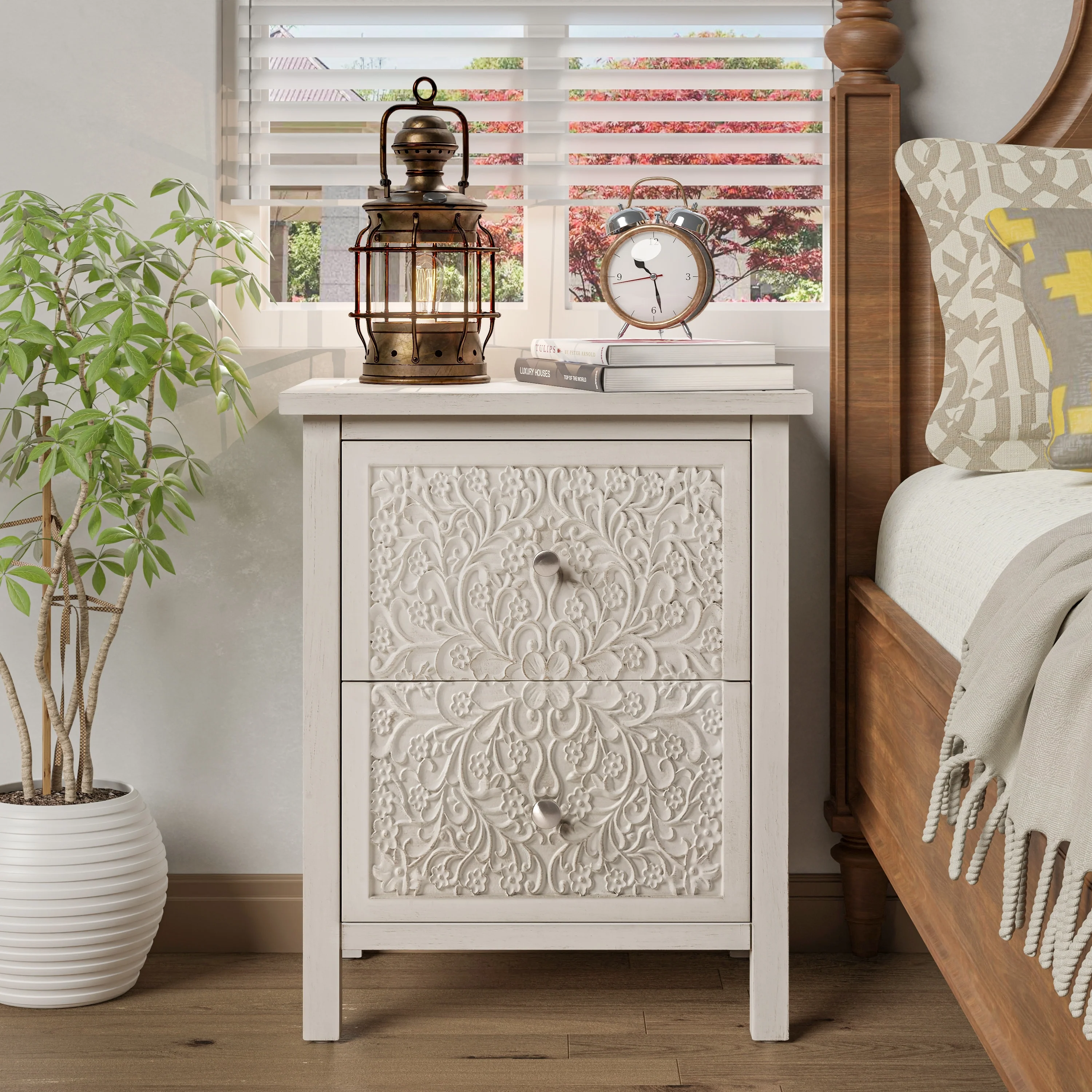 Farmhouse Fully Assembled Nightstand with 2 Drawers, Flower Motif End Table for Small Spaces - Image 5