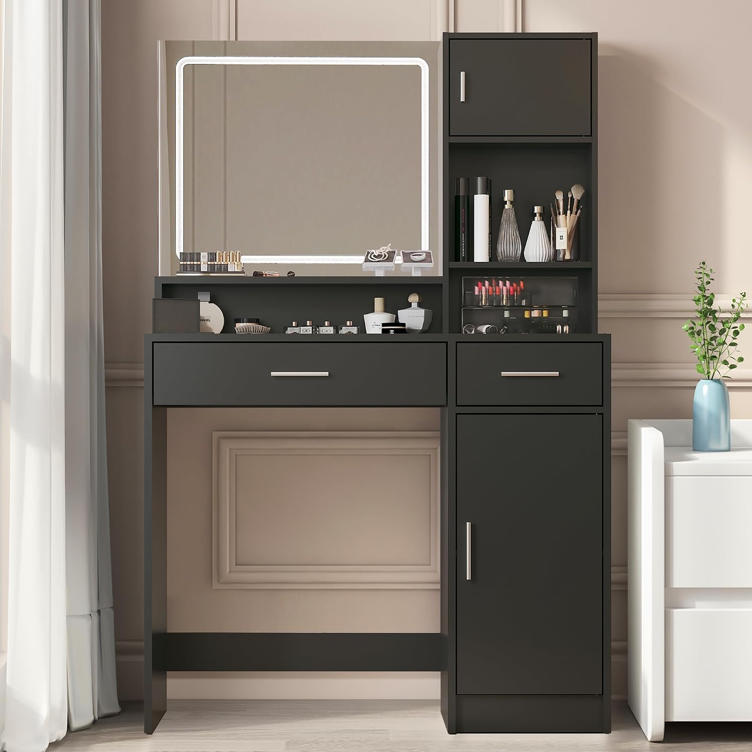 Vanity Desk with Mirror & Light, Large Drawer Three Level Storage Dresser, 3 Lighting Modes Adjustable Brightness, Bedroom Dressing Table - Image 2