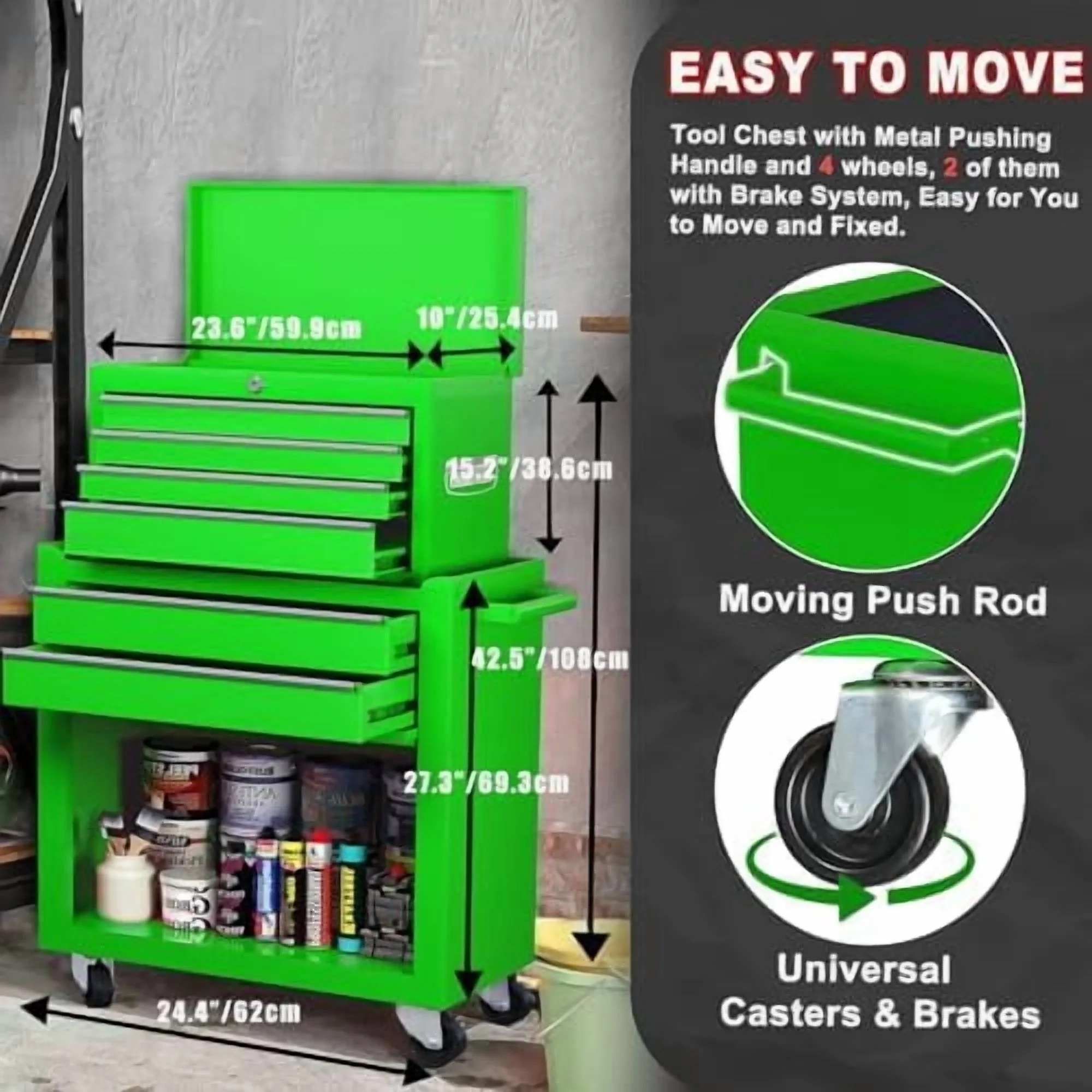 8-Drawer Rolling Tool Chest with Detachable Top Tool Box, Lockable Metal Tool Cabinet, and Liner, Heavy-Duty Storage Organizer with Wheels and 6 Hooks for Garage, Workshop, Green - Image 10