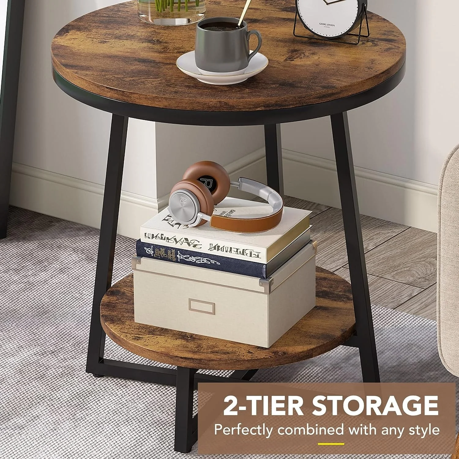 Industrial Round End Table, Small Side Table and Accent Coffee Table for Living Room and Bedroom - Image 8