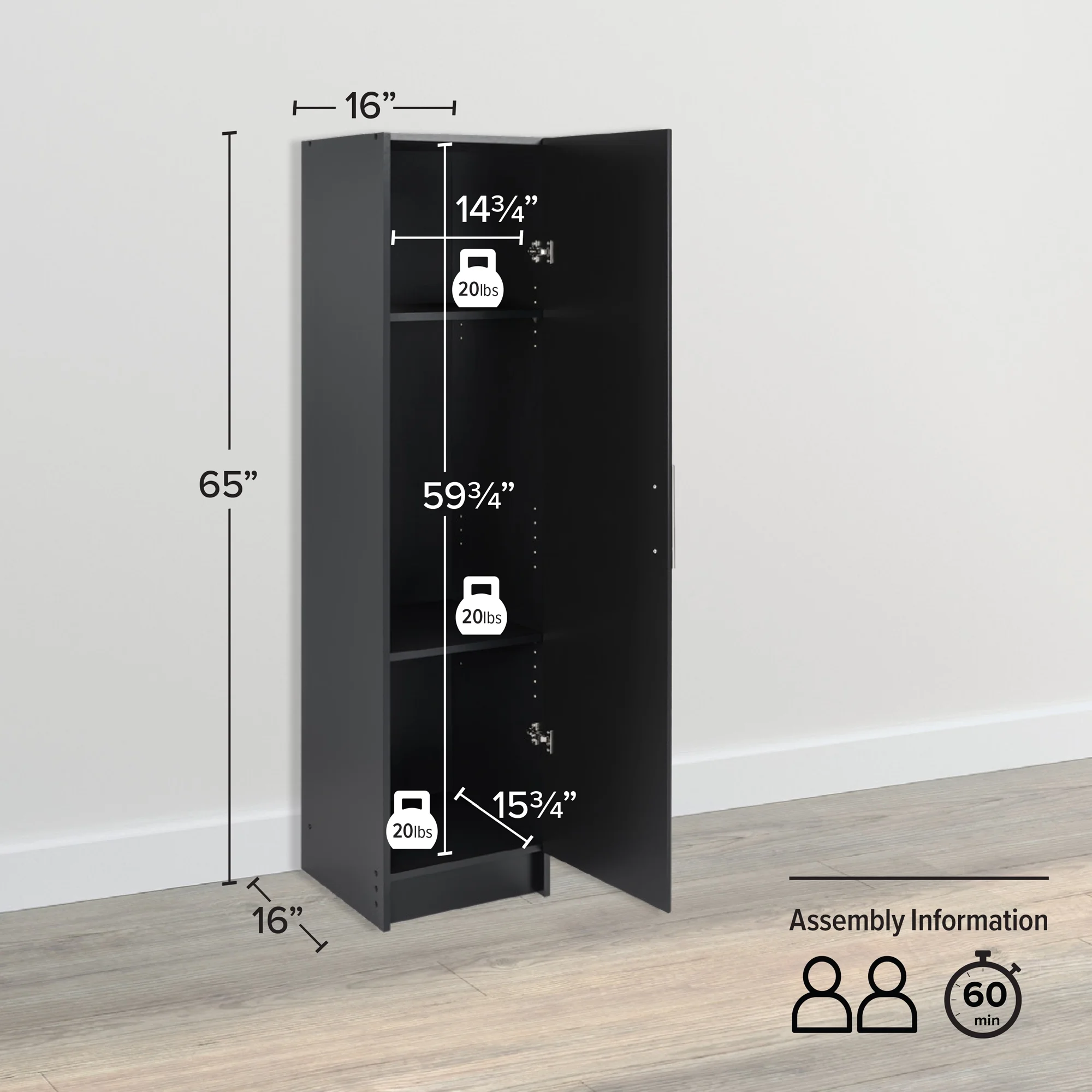 Prepac Elite 16" Storage Cabinet, Black Storage Cabinet, Bathroom Cabinet, Pantry Cabinet with 2 Adjustable Shelves, 16" D x 16" W x 65" H, BEB-1664 - Image 4