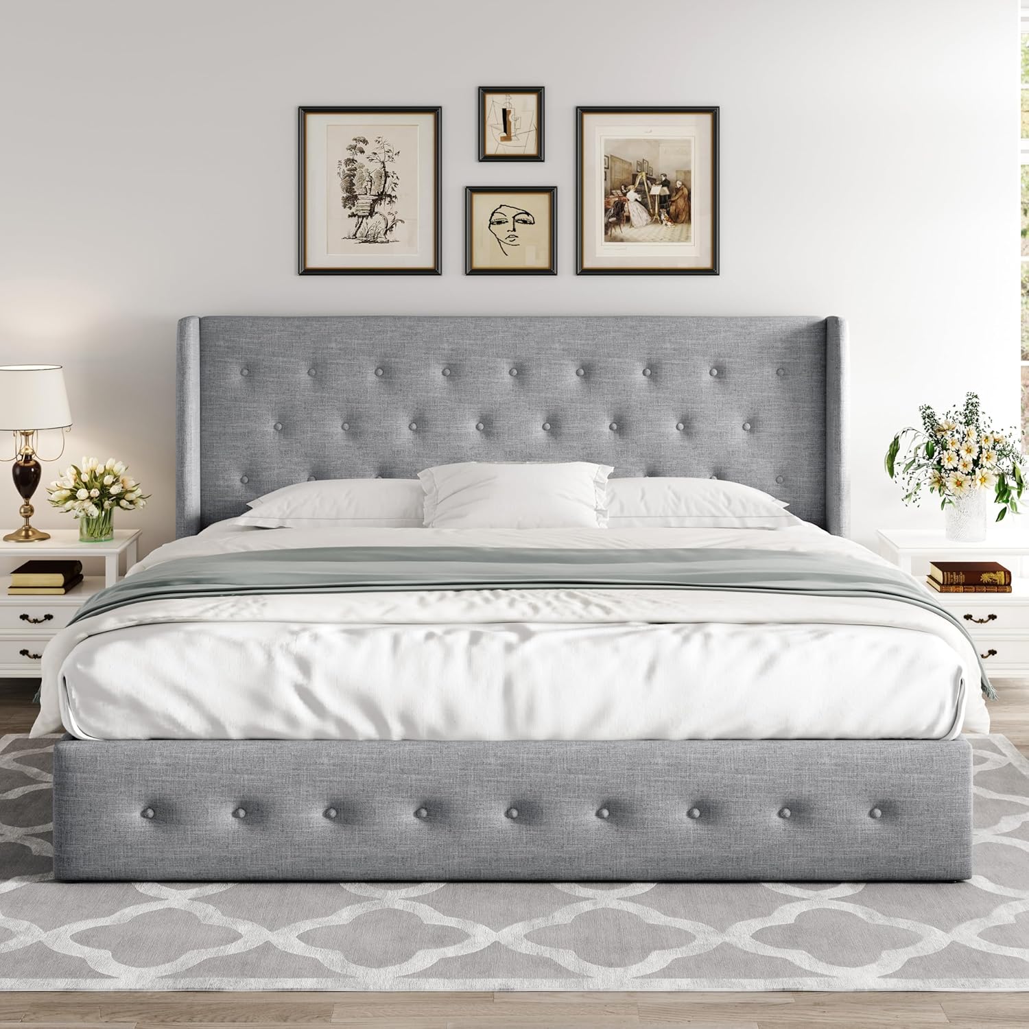 Queen Size Lift Up Storage Bed with Wingback Headboard, Upholstered Platform Bed Frame with Hidden Storage - Image 82